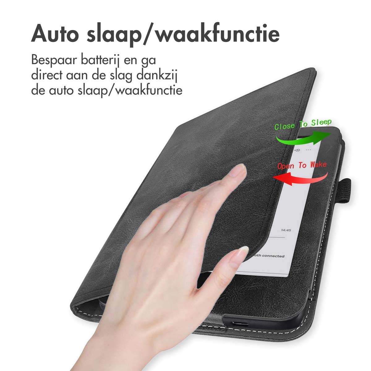 Open tabletcover met een hand die het scherm aanraakt. Toont de sleep/wake-functies.