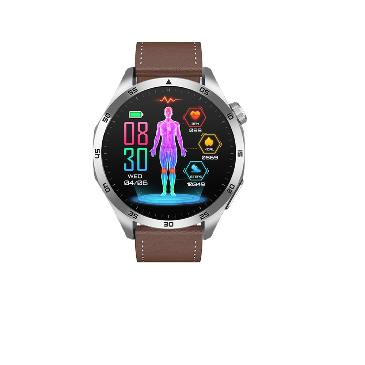 Smartwatch mit braunem Armband, das Daten anzeigt. Der Bildschirm zeigt Zeit, Herzfrequenz und Schritte.