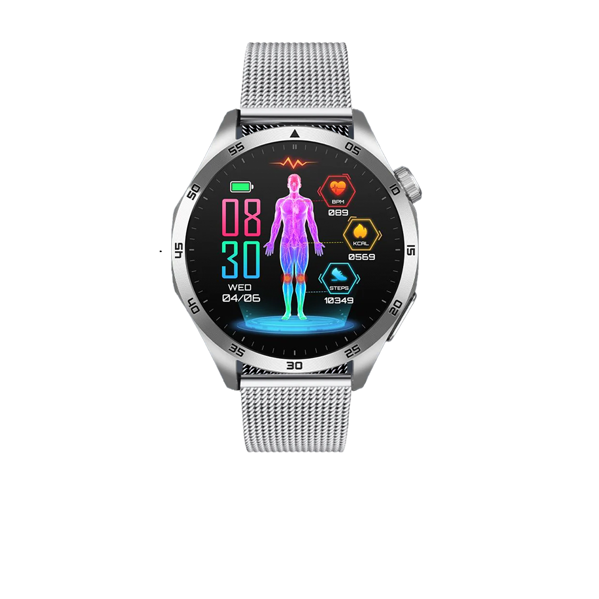 Smartwatch mit Gesundheitsanzeige. Hat ein silbernes Armband und zeigt Gesundheitsdaten.