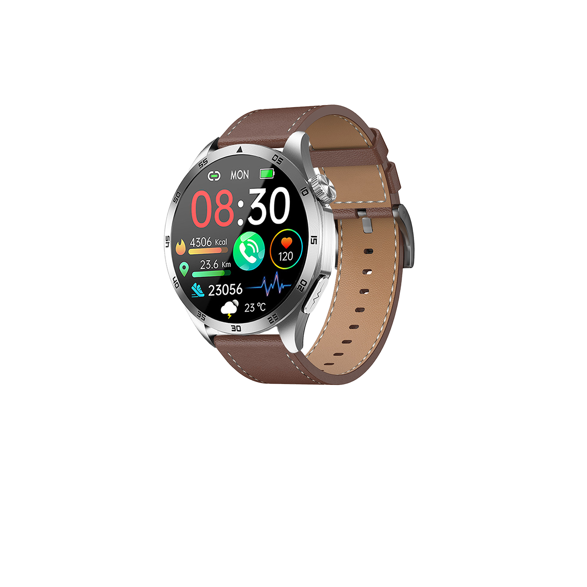 Smartwatch mit braunem Lederarmband. Zeigt Zeit, Aktivität und Herzfrequenzdaten auf schwarzem Grund.