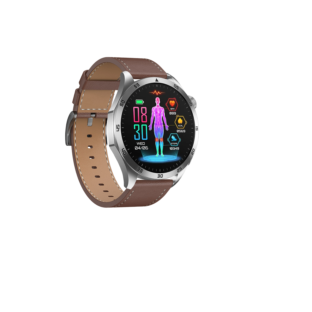 Eine Smartwatch mit braunem Lederarmband. Der Bildschirm zeigt Gesundheitsdaten, Uhrzeit und Datum. Schwarzer Hintergrund.