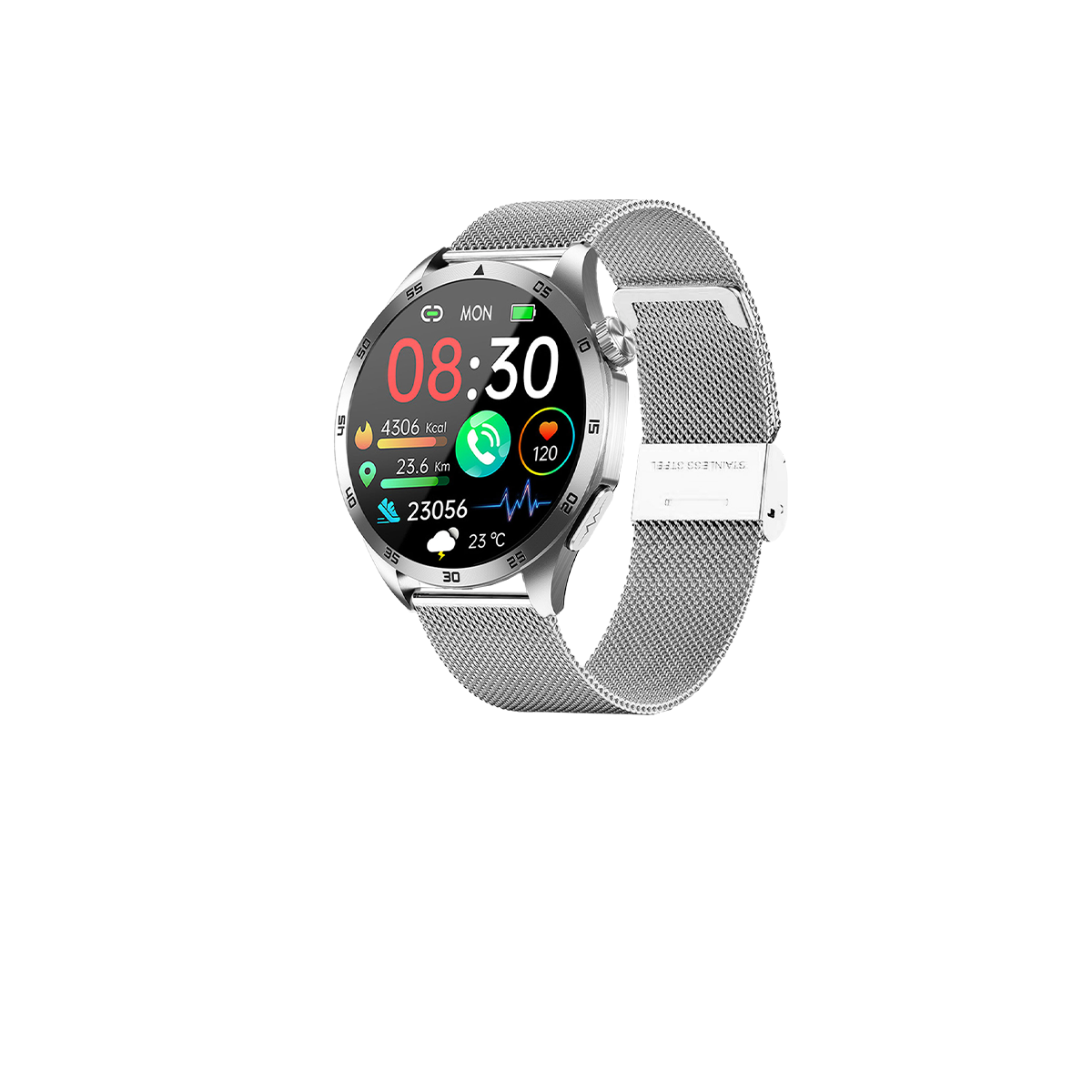 Eine silberne Smartwatch zeigt Zeit, Schritte, Kalorien und Herzfrequenz an. Sie befindet sich auf schwarzem Hintergrund.