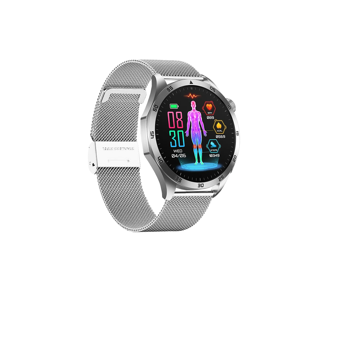 Eine silberne Smartwatch mit digitaler Anzeige von Gesundheitsmetriken auf schwarzem Hintergrund.