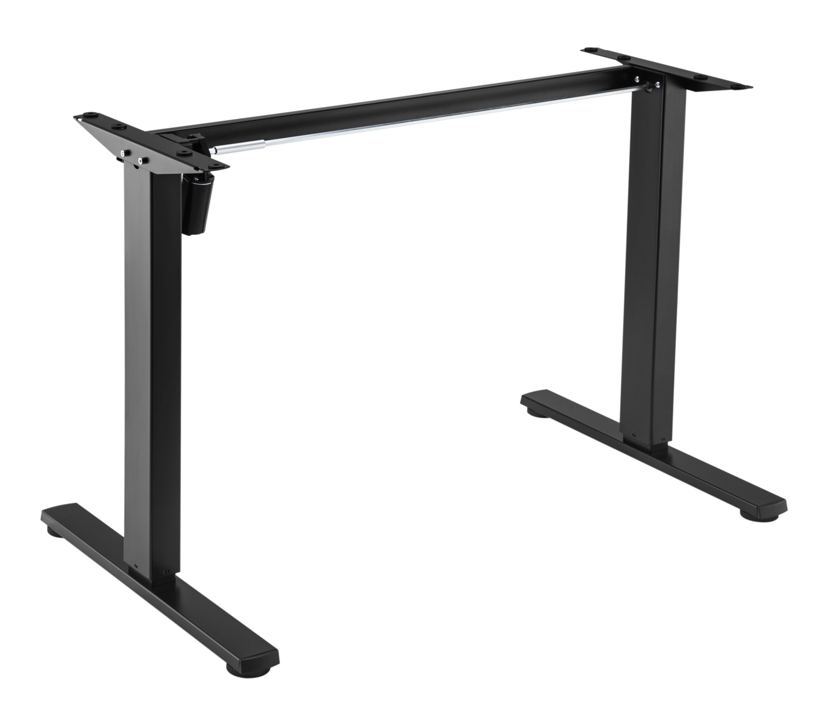 Zwart metalen verstelbaar bureauframe, bestaande uit twee poten en een verbindingsbalk.