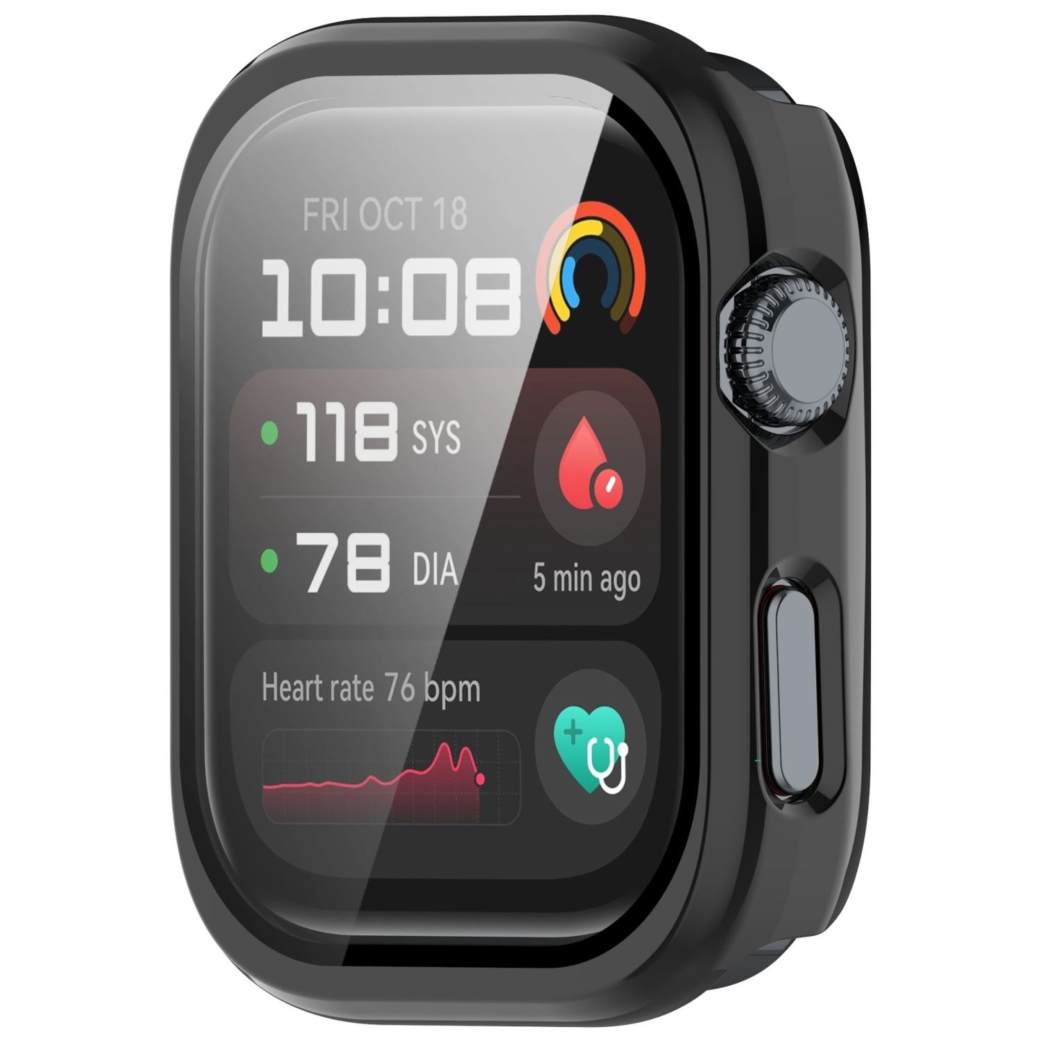 Custodia per smartwatch nera che mostra ora, metriche di salute e grafico della frequenza cardiaca.