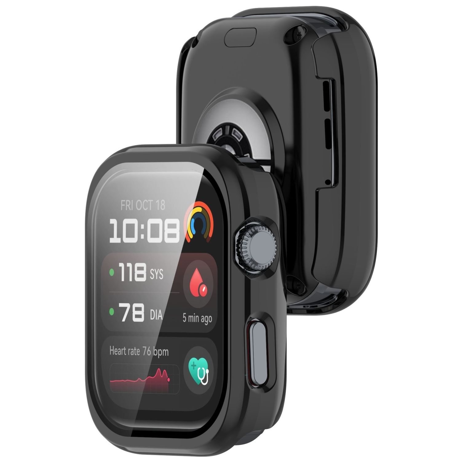 Smartwatch nero su una superficie bianca, che mostra ora, frequenza cardiaca e altre metriche di salute.