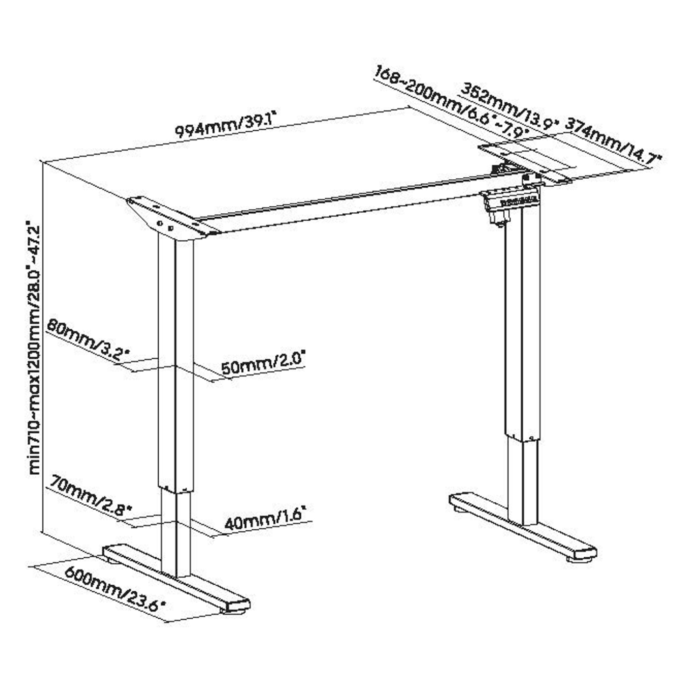 Diagram van een bureau met afmetingen, met hoogte- en breedtematen.