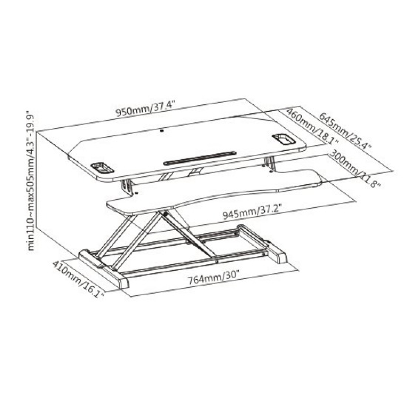Isometrisch diagram van een wit staand bureau, met afmetingen in millimeters.