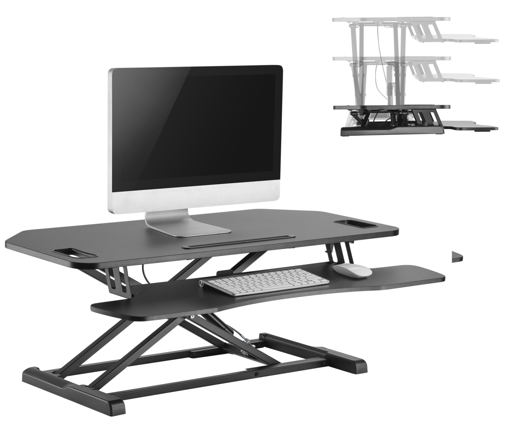 Een zwart stazitbureau met een computer, toetsenbord en muis wordt getoond op een witte achtergrond.