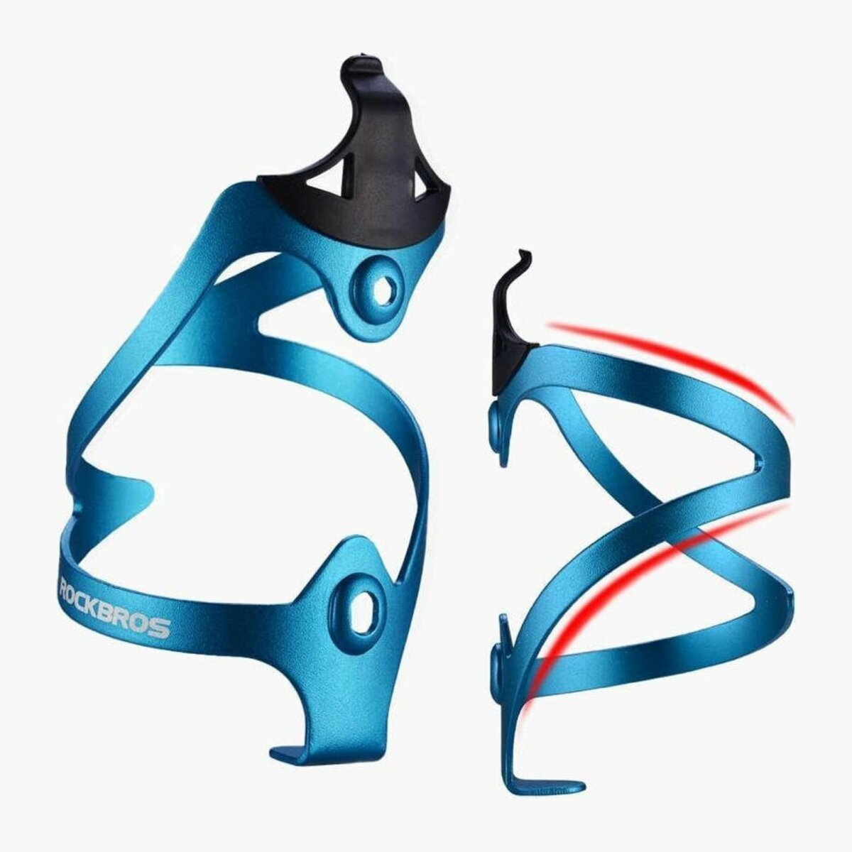 Zwei blaue Fahrrad-Wasserflaschenhalter mit roten Linien, die anzeigen, wie sie eine Flasche halten.