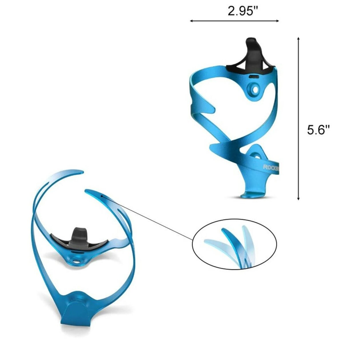 Blauer Fahrrad-Wasserflaschenhalter. Merkmale und Abmessungen sind dargestellt, mit weißem Hintergrund.