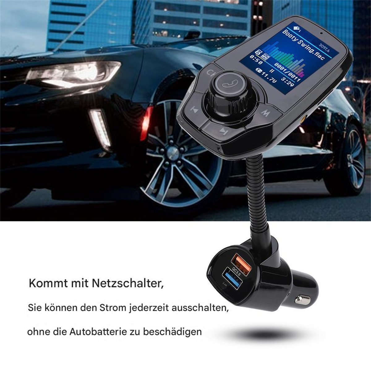 Ein schwarzer Auto-FM-Transmitter mit Display und zwei USB-Anschlüssen auf schwarzem Hintergrund.