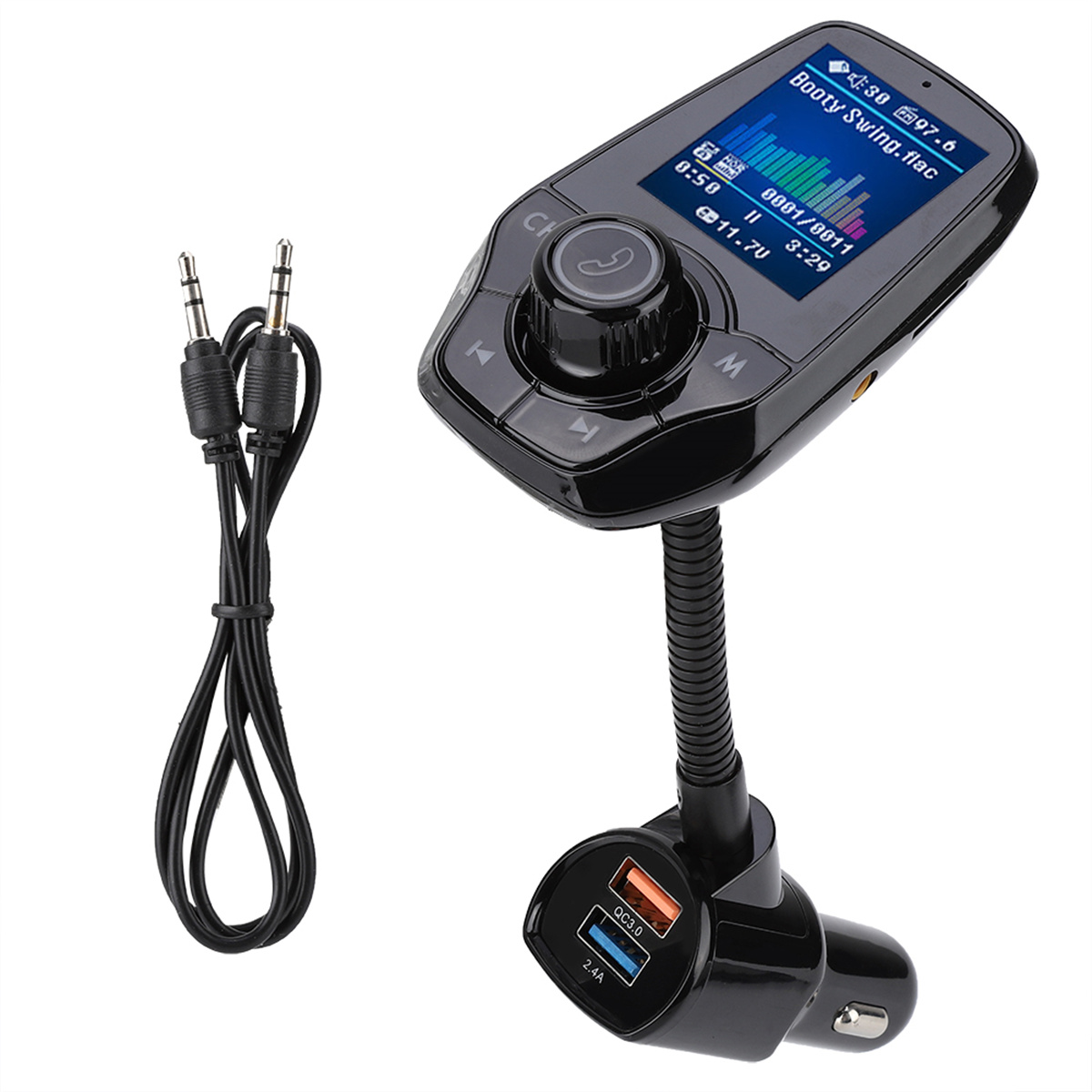 Ein schwarzer Auto-FM-Transmitter mit Bildschirm, Bedienelementen und Ladeanschlüssen. Zwei Audiokabel sind ebenfalls abgebildet.