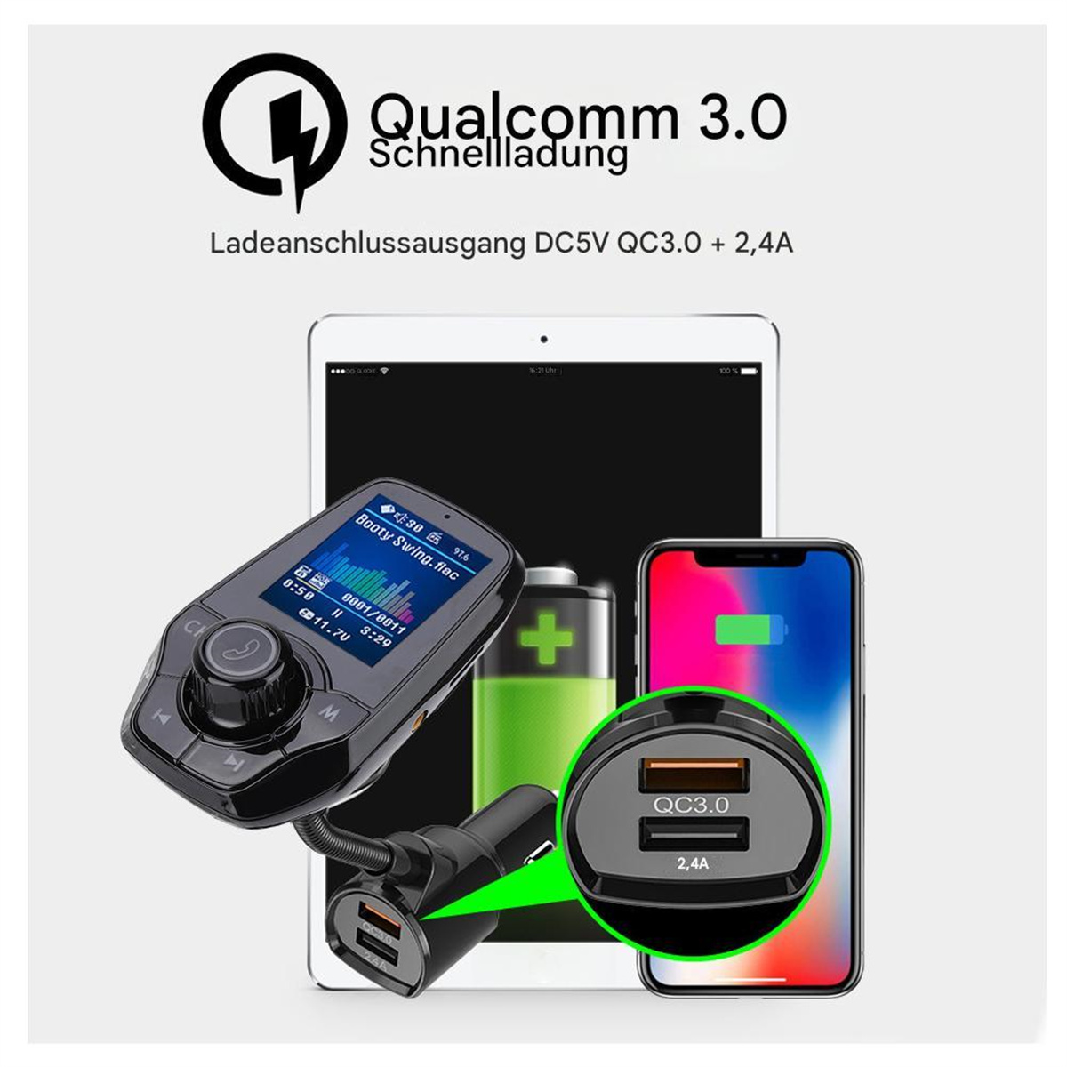 Autoladegerät mit Telefon und Tablet, die Informationen anzeigen.