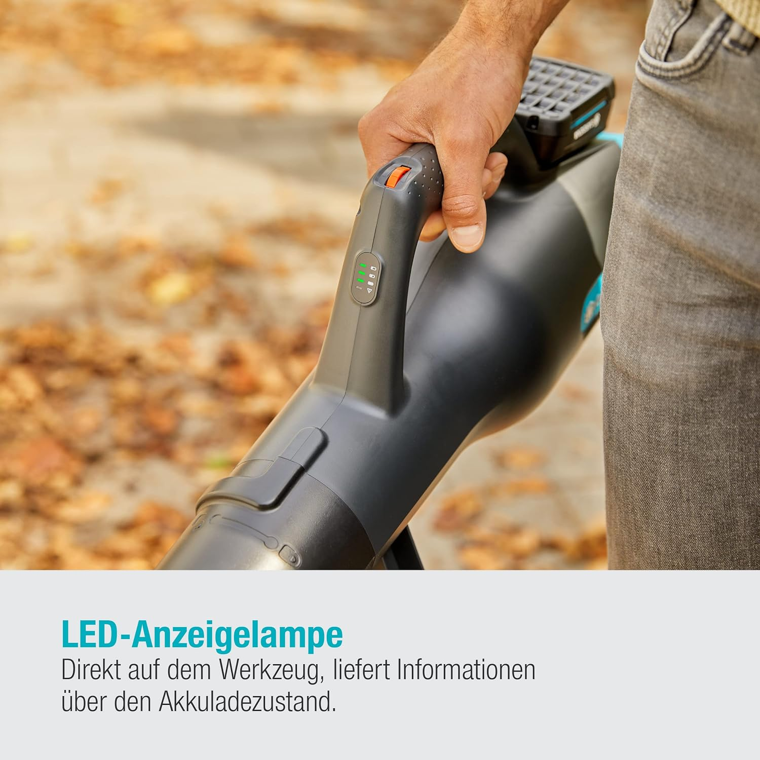Man die een zwarte en grijze bladblazer vasthoudt. Tekst: 'LED-Anzeigelampe' en Duitse tekst over de batterij.
