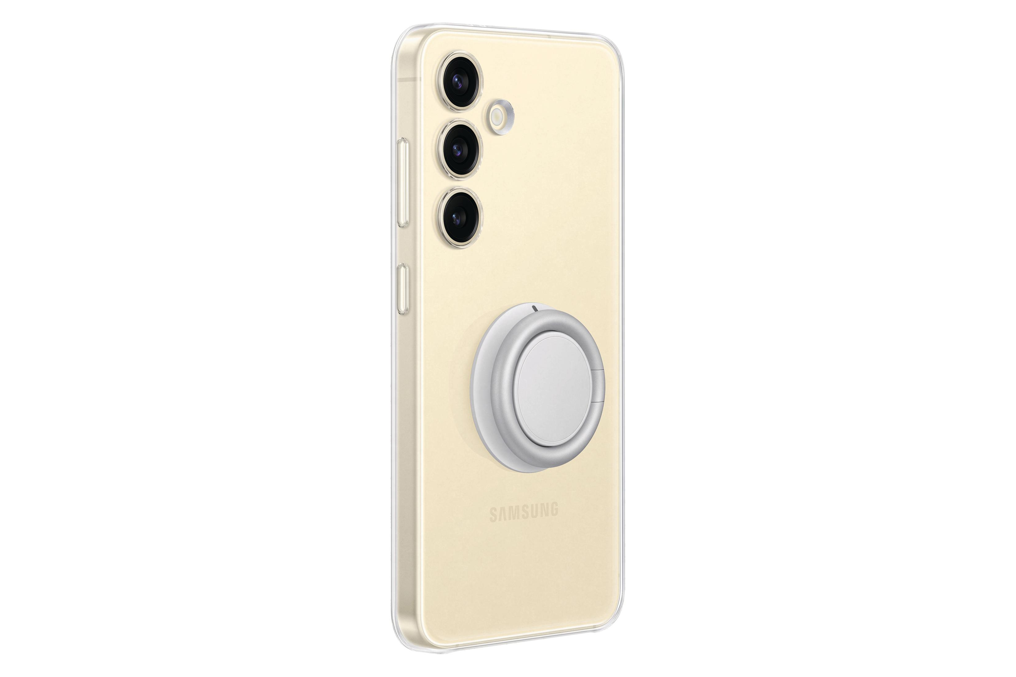 Un smartphone or clair avec une coque transparente et un support de bague attaché, sur fond blanc.