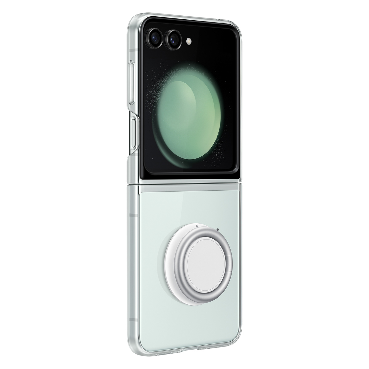 Un teléfono plegable está abierto, con una funda transparente y un soporte de anillo.
