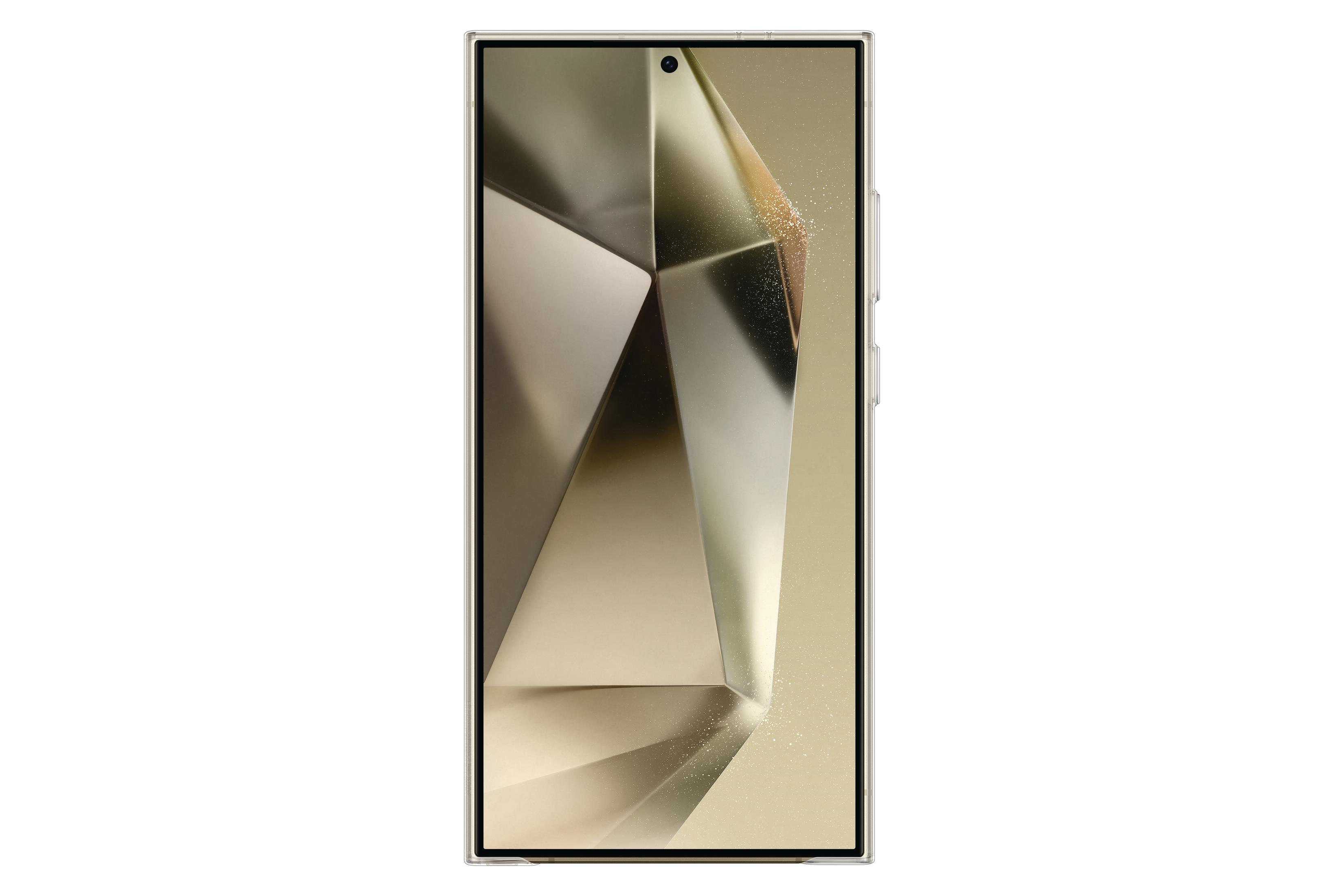 Złoty i czarny smartfon wyświetla geometryczny wzór. Ma aparat i smukłą ramkę.
