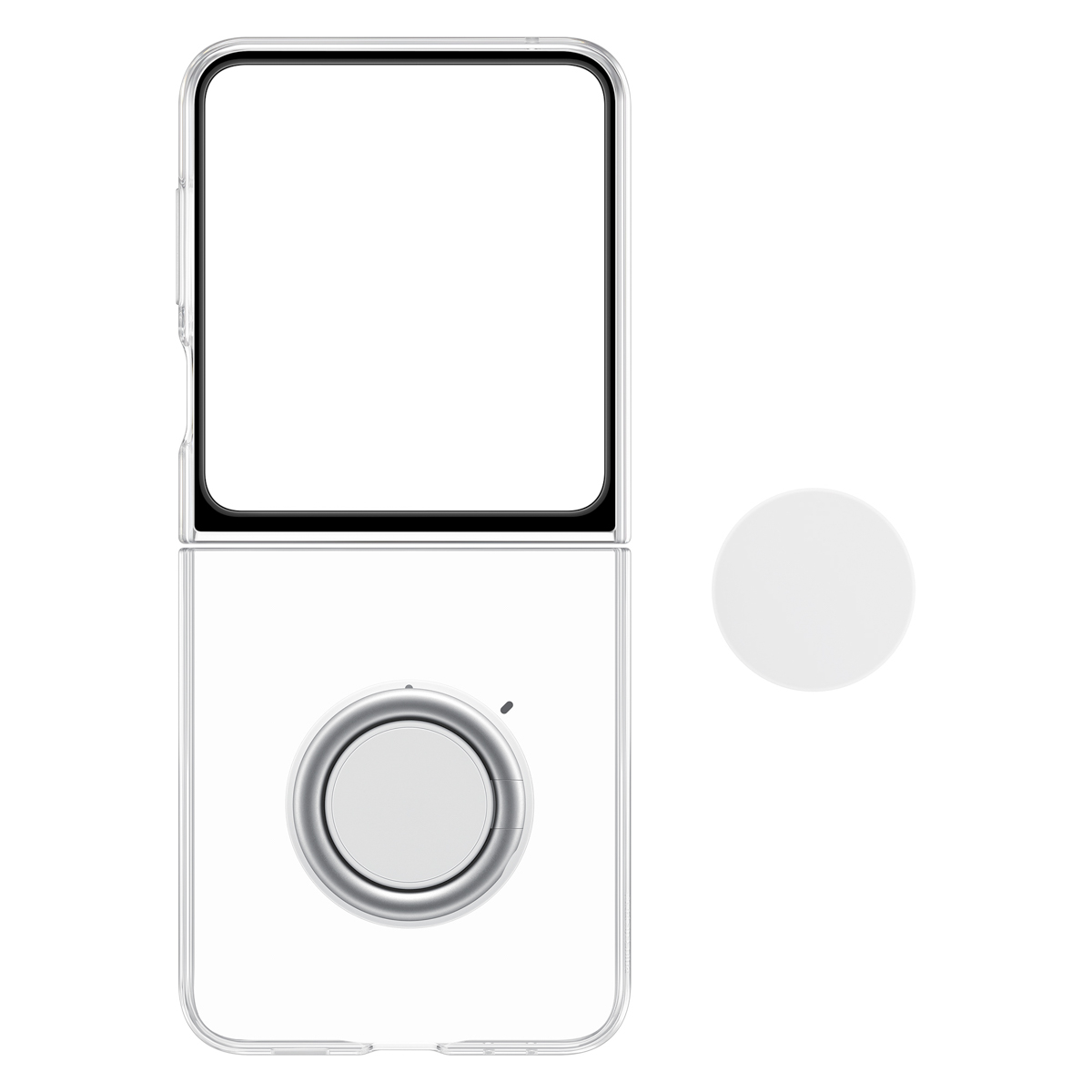 Funda transparente con teléfono dentro. Agarre blanco a la derecha. Fondo blanco.