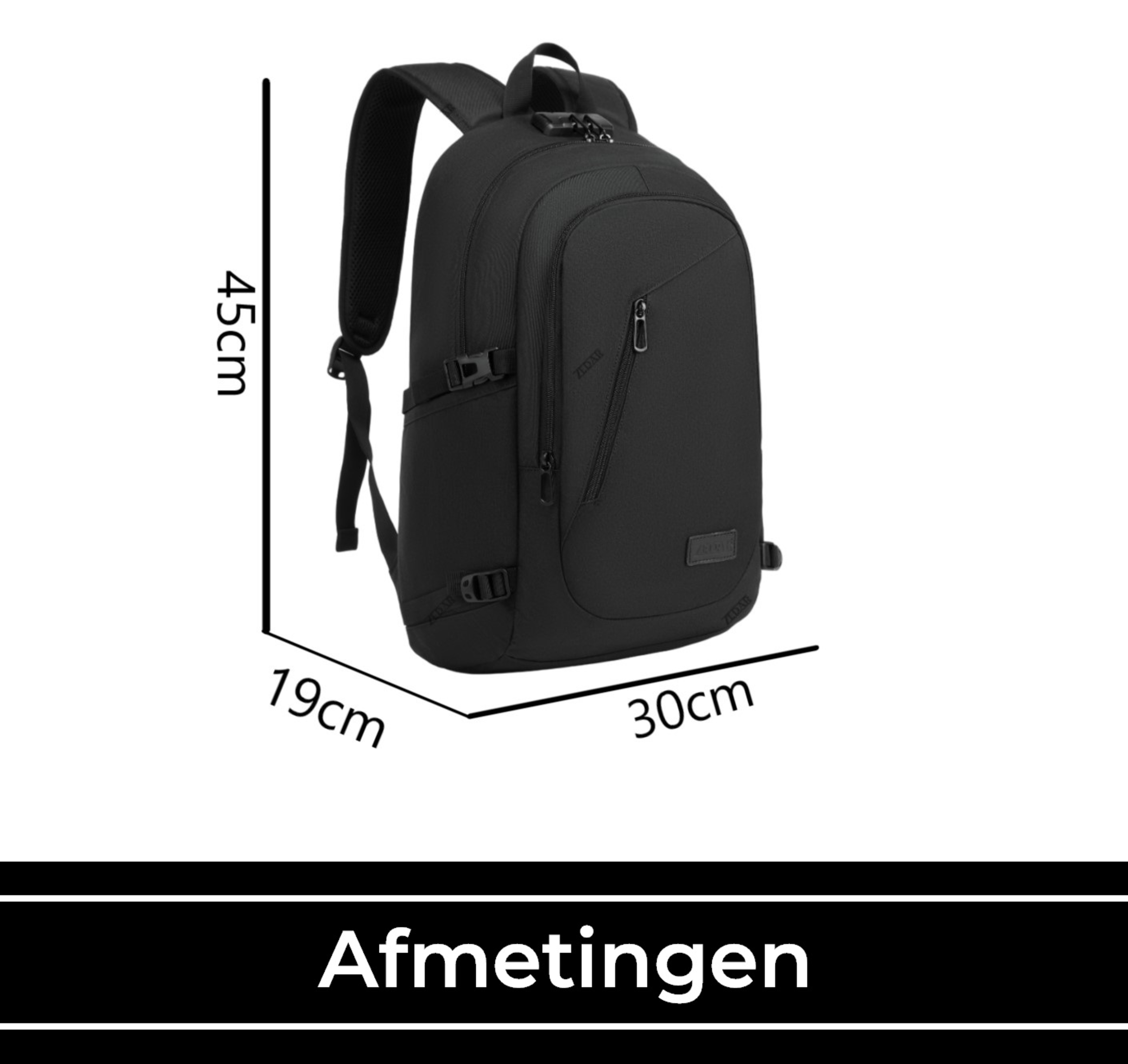 Black backpack with dimensions: 45cm high, 19cm wide, and 30cm deep. Text below reads 'Afmetingen'.