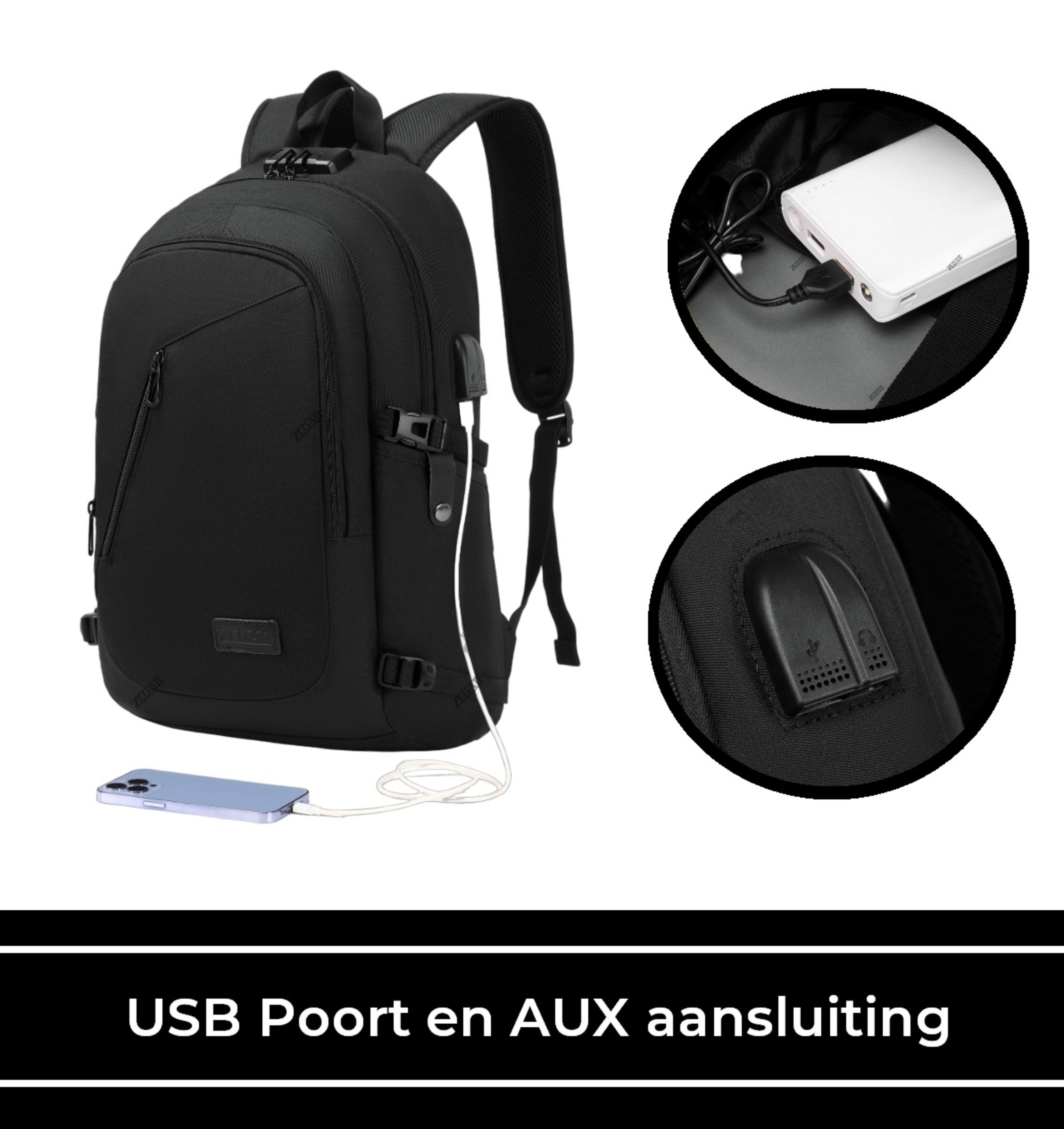 A black backpack with a USB port and an AUX connection. Details of the internal and external features are shown.