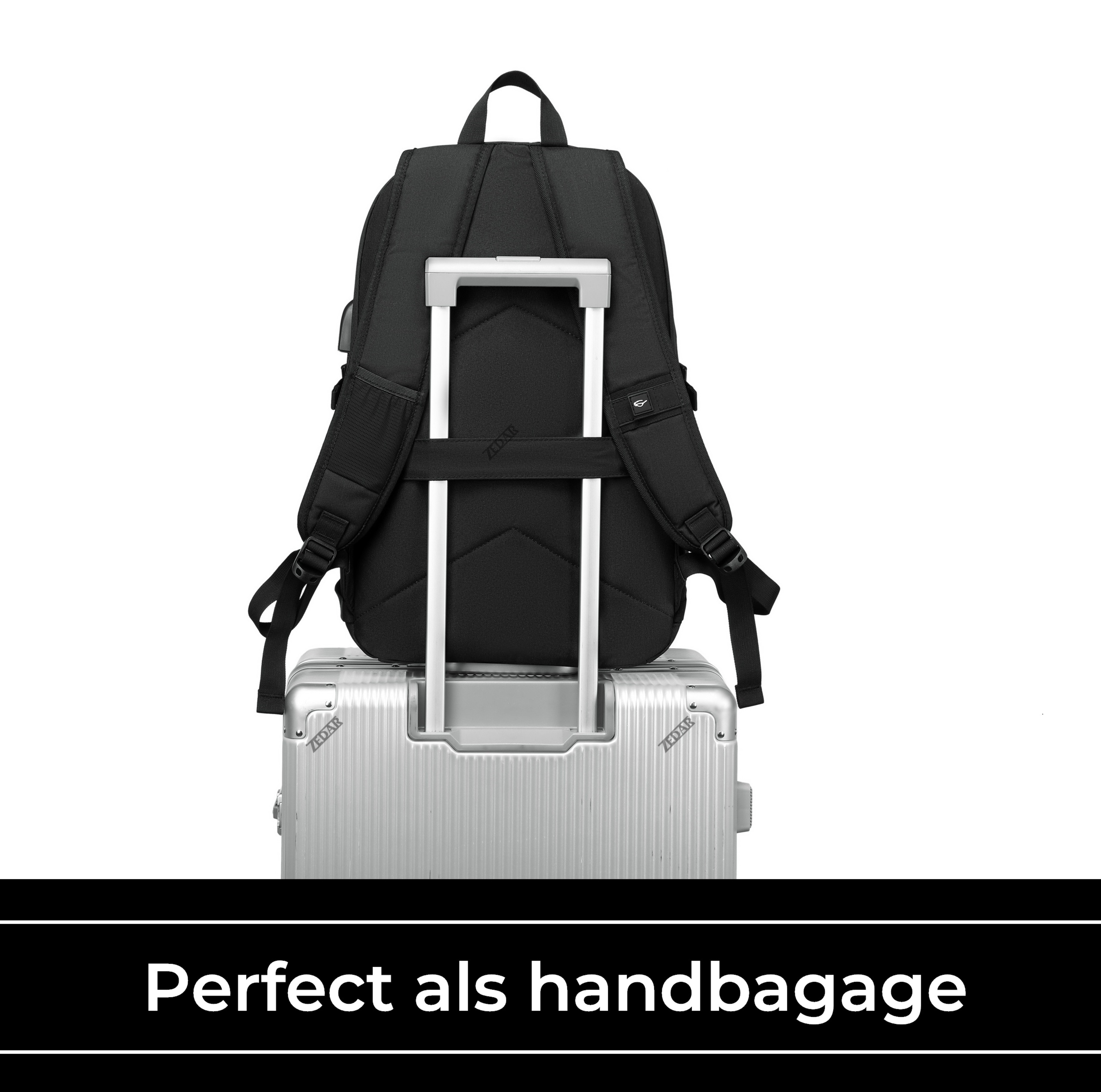 A black backpack is attached to a silver suitcase, labeled 'Perfect als handbagage'.