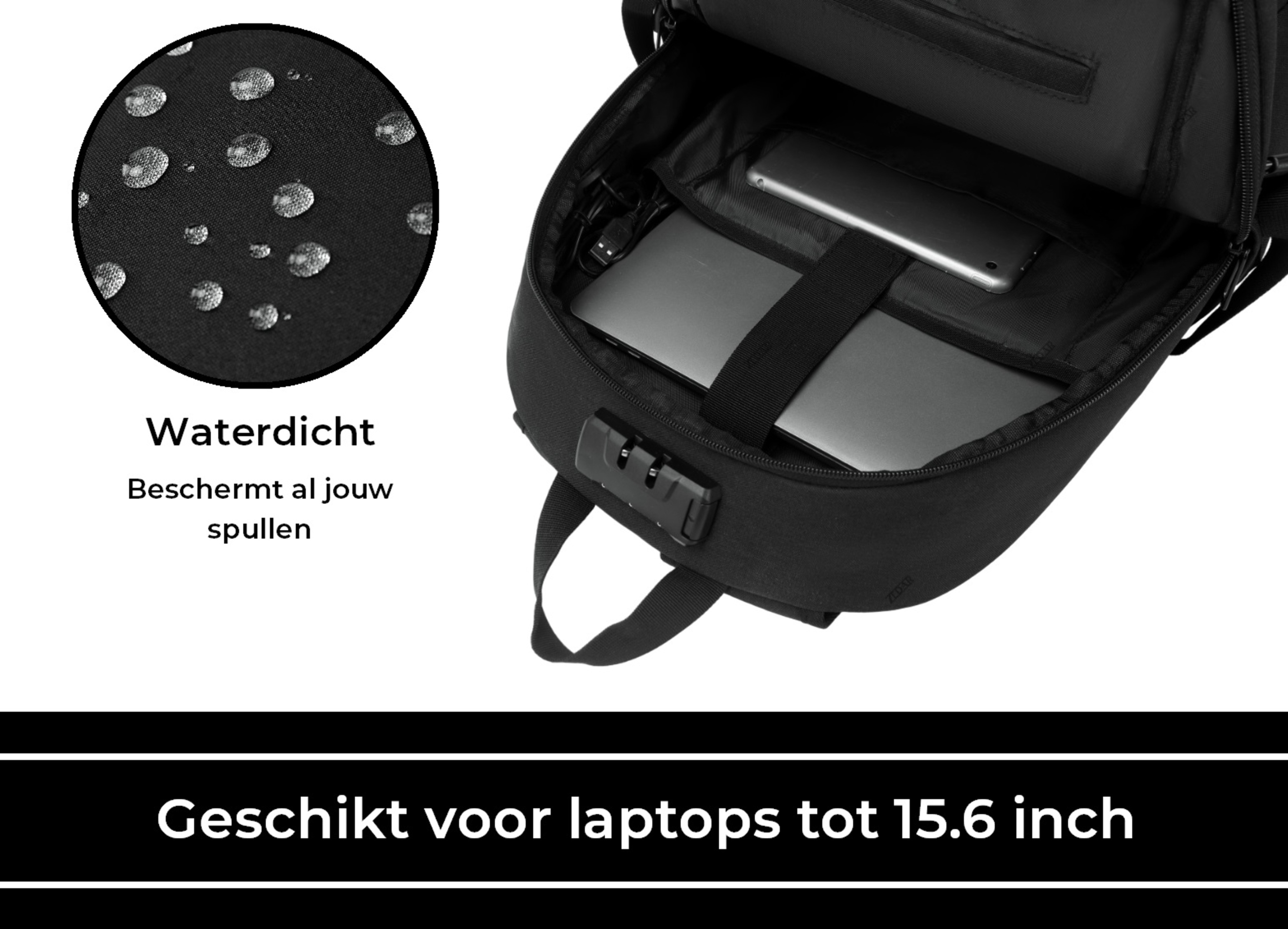 Black waterproof backpack with laptop inside. White droplets detail. Black text at bottom.