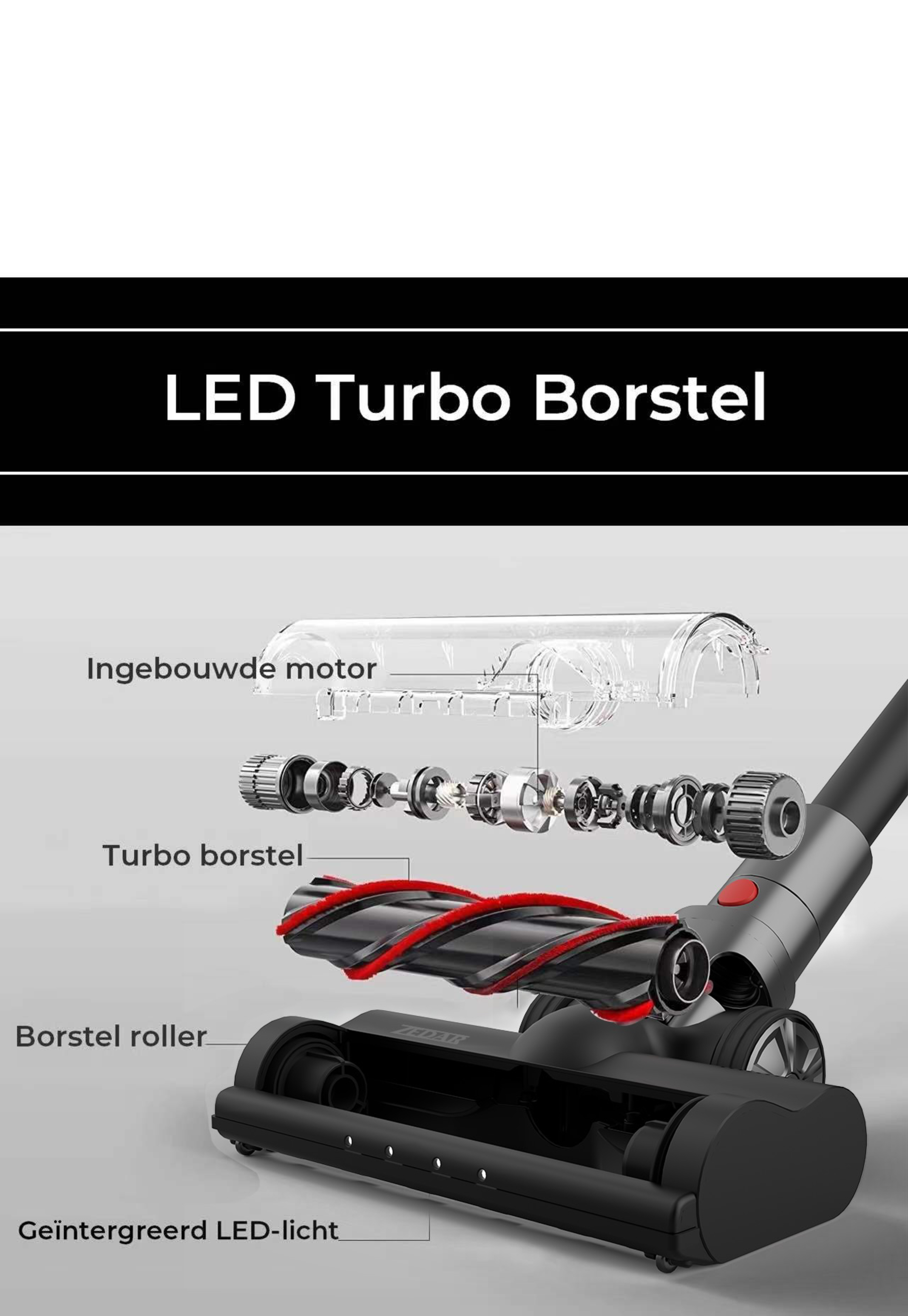 Vue éclatée des composants de la brosse LED Turbo d'un aspirateur.