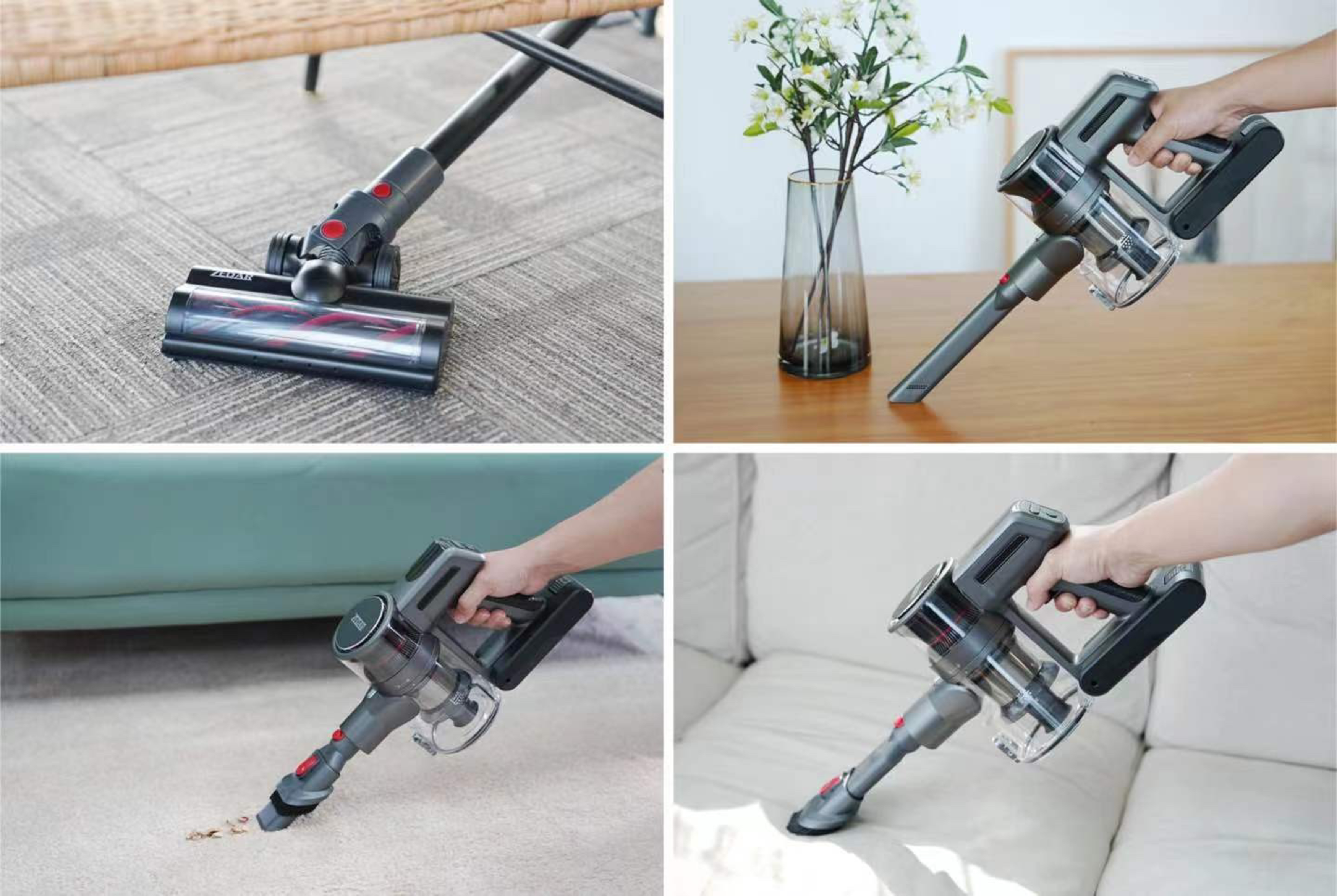 Quatre images montrant un aspirateur en cours d'utilisation sur différentes surfaces : tapis, table et canapé. Aspirateur gris.