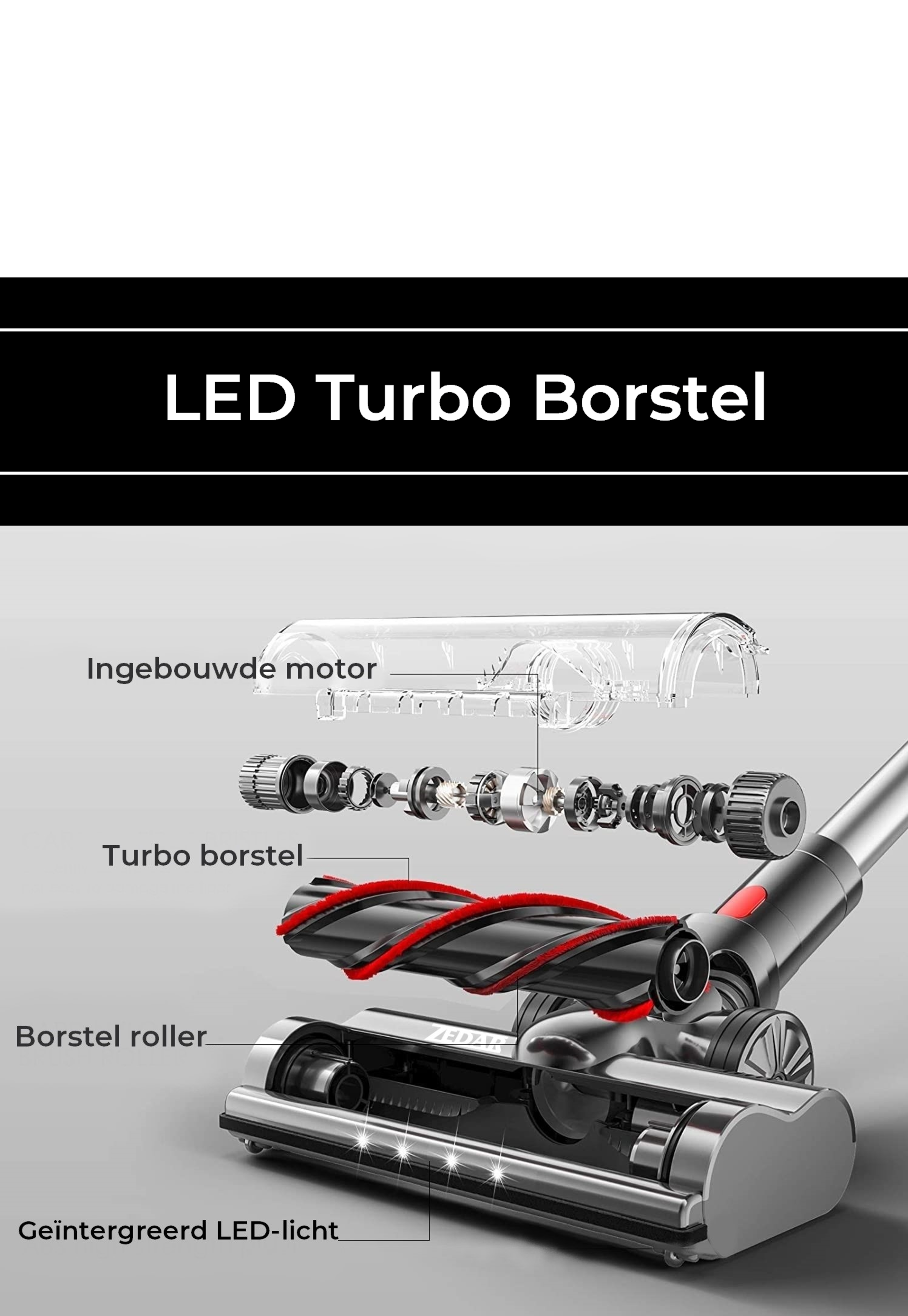 Diagramme d'une tête d'aspirateur montrant les pièces internes, y compris un moteur et une brosse turbo.