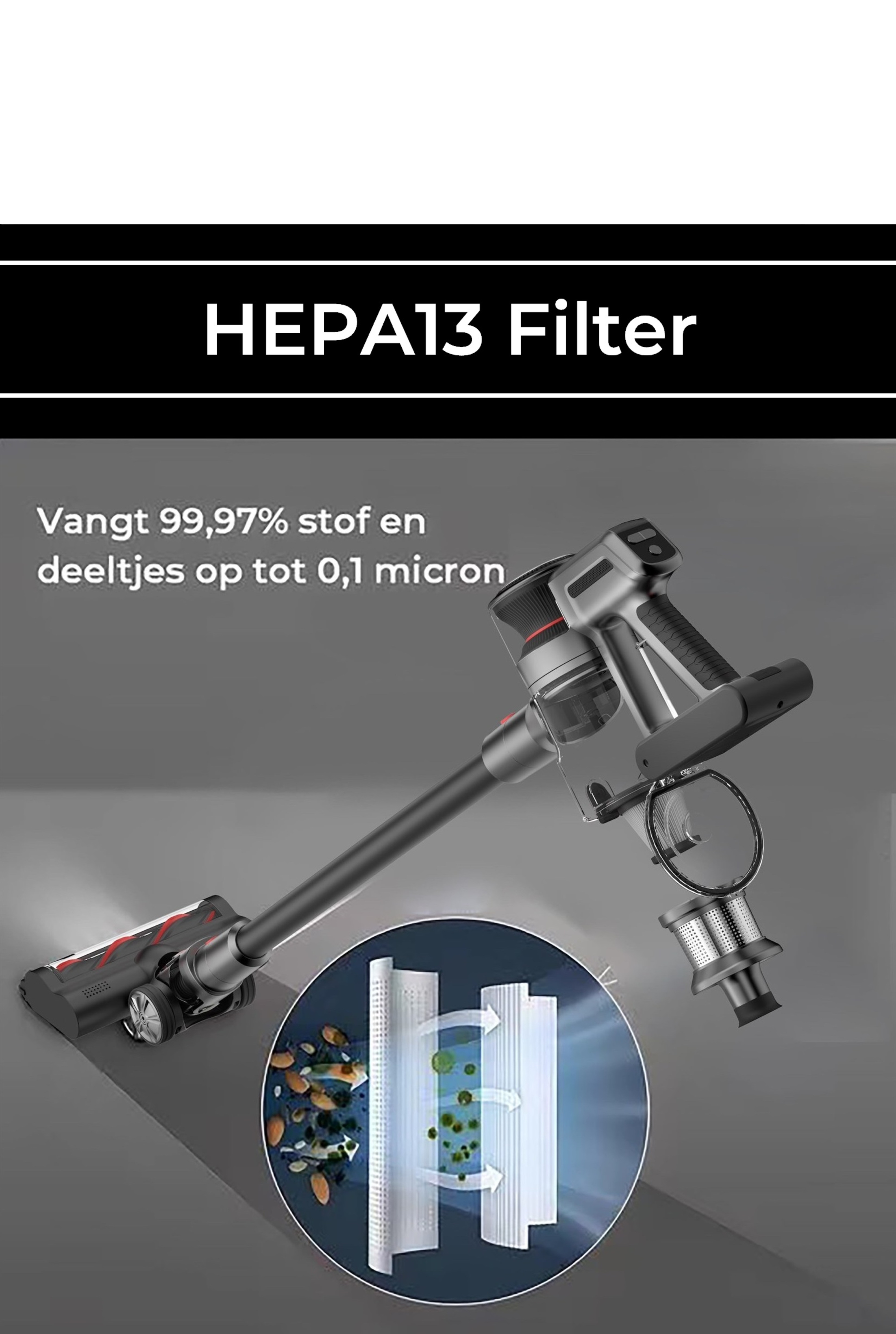 Un aspirateur avec un filtre HEPA13. Le filtre capture 99,97% de la poussière et des particules.