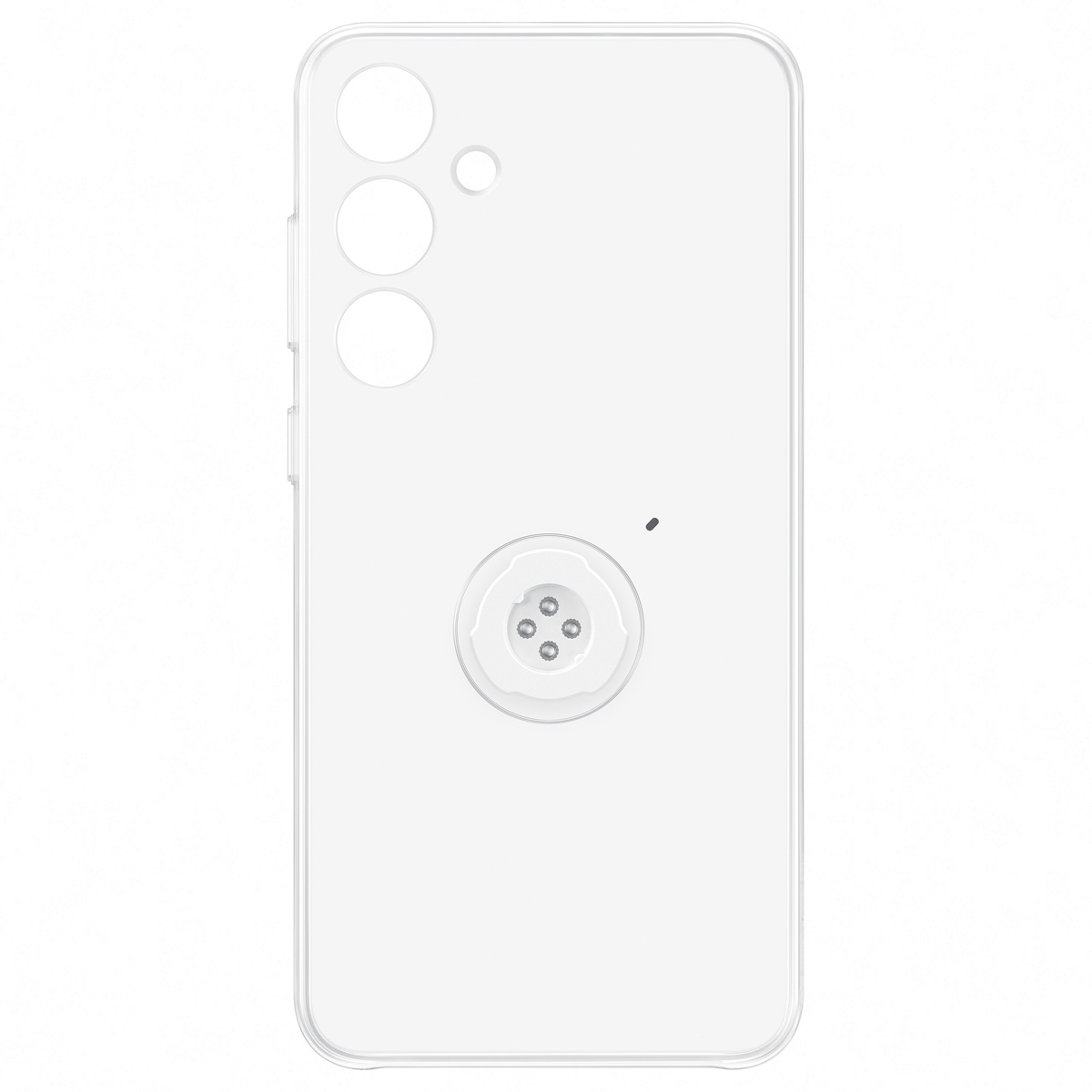 Białe etui na telefon z trzema otworami na aparat i okrągłym mocowaniem. Gładkie tło.