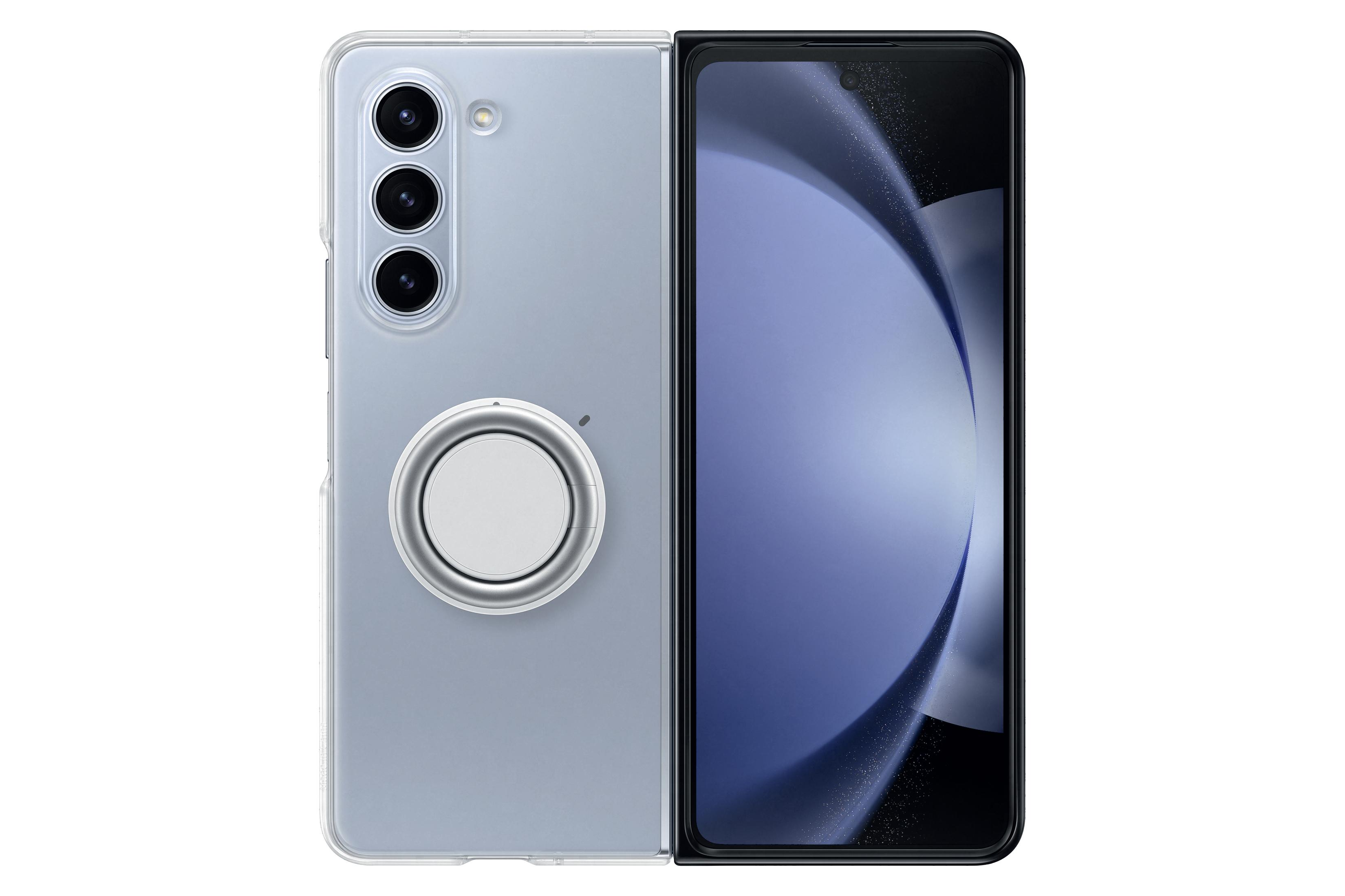 Składany srebrny telefon, otwarty, pokazujący ekran. Srebrny pierścień z tyłu. Białe tło.