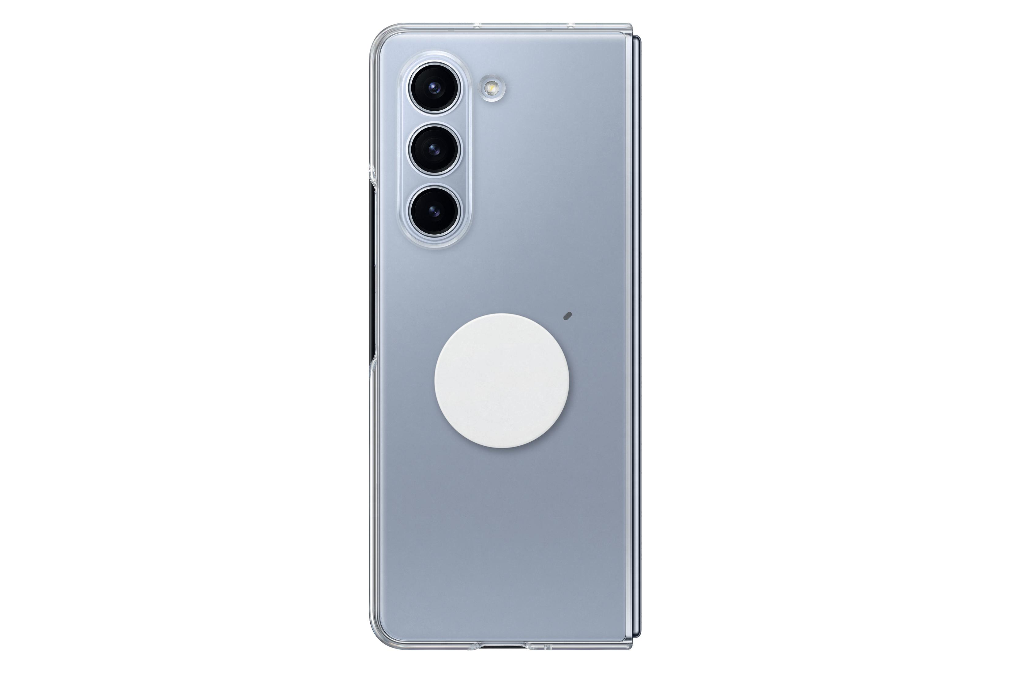 Składany smartfon, przezroczyste etui, biały uchwyt pop, trzy kamery, białe tło.