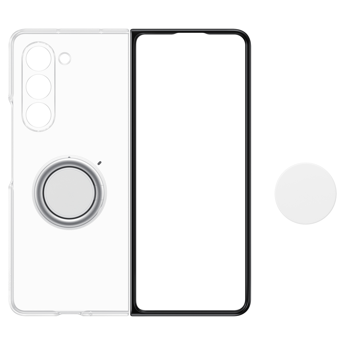 Białe i przezroczyste etui na telefon z pierścieniem na aparat i telefonem w środku.