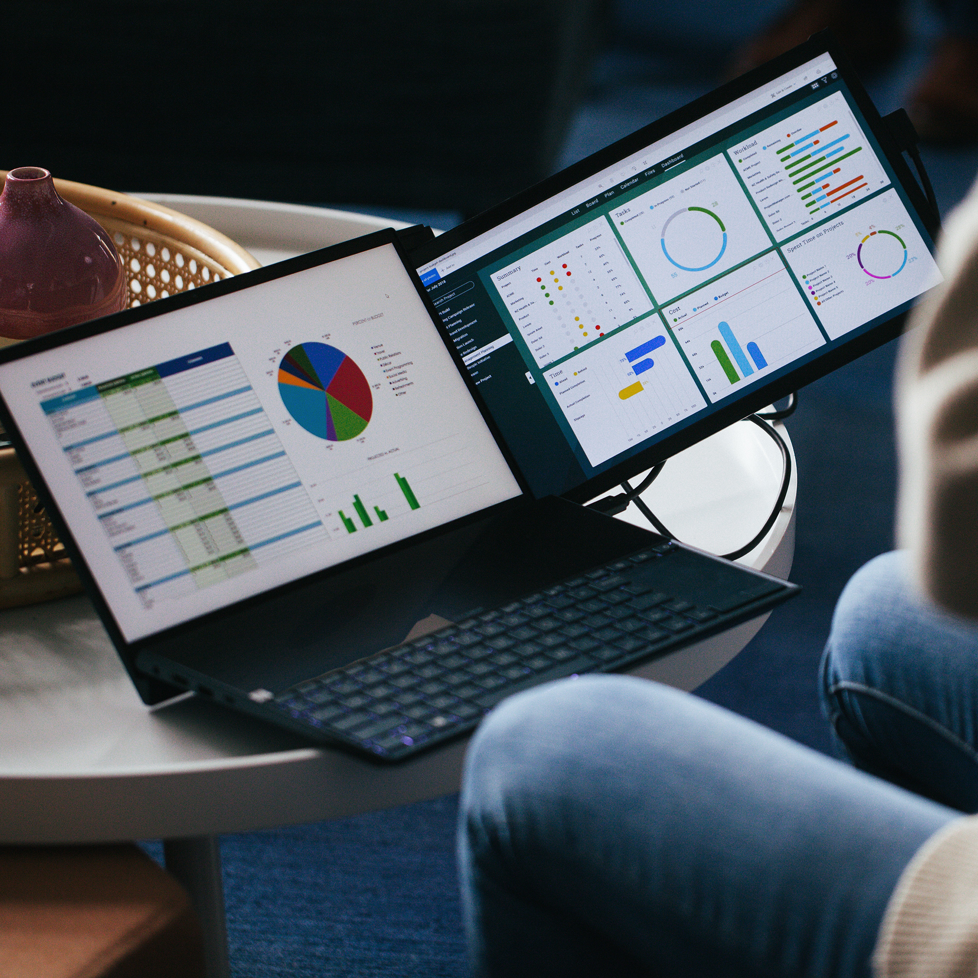 Laptop z dwoma ekranami wyświetlającymi wykresy i dane. W tle siedzi osoba.