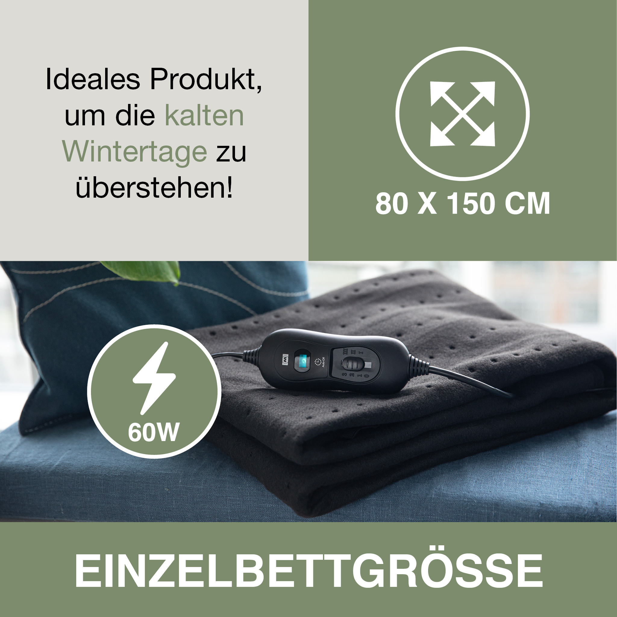 Schwarze elektrische Heizdecke mit Bedienfeld auf blauer Oberfläche.