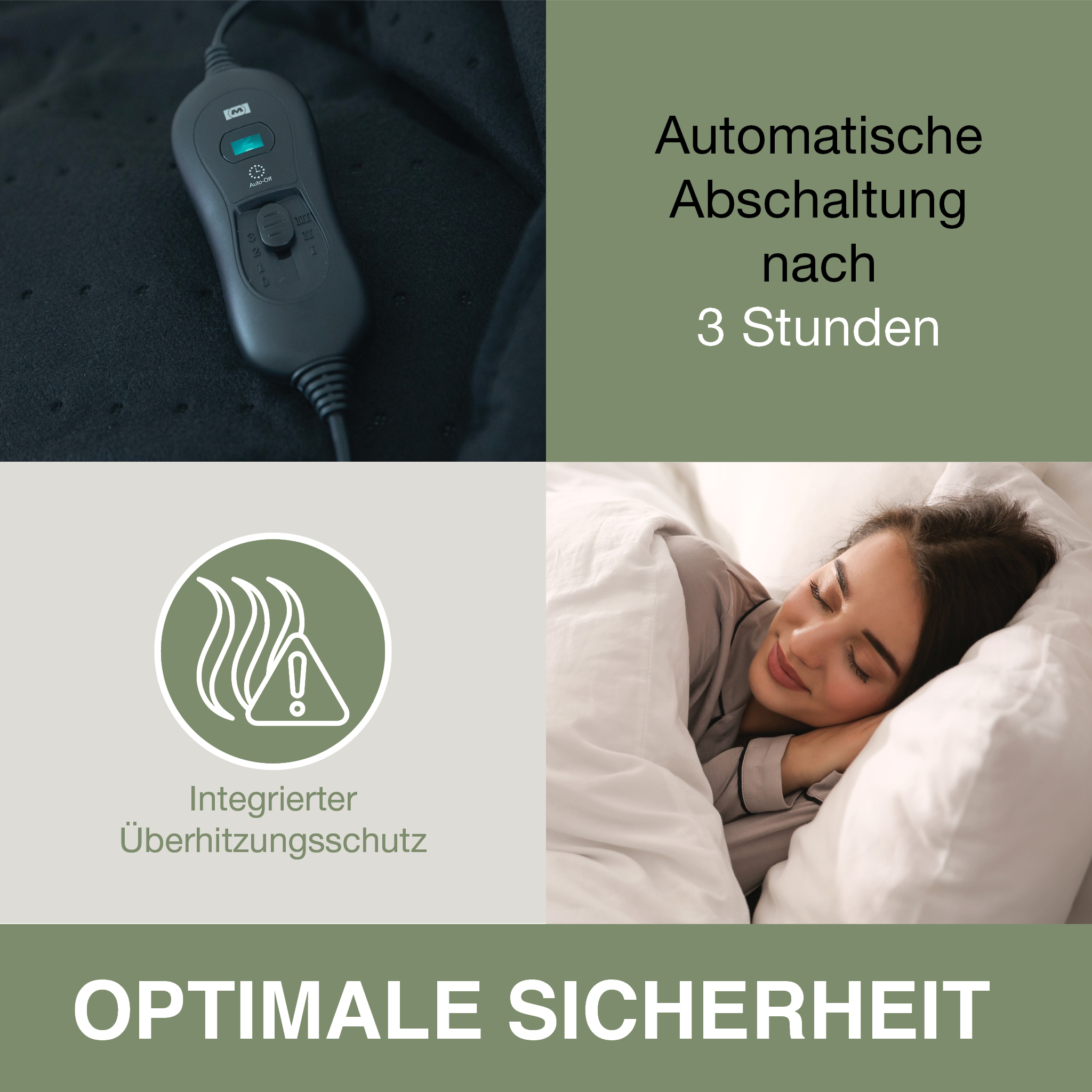 Ein Bild mit Text zur optimalen Sicherheit, einschließlich Überhitzungsschutz und automatischer Abschaltung nach 3 Stunden.