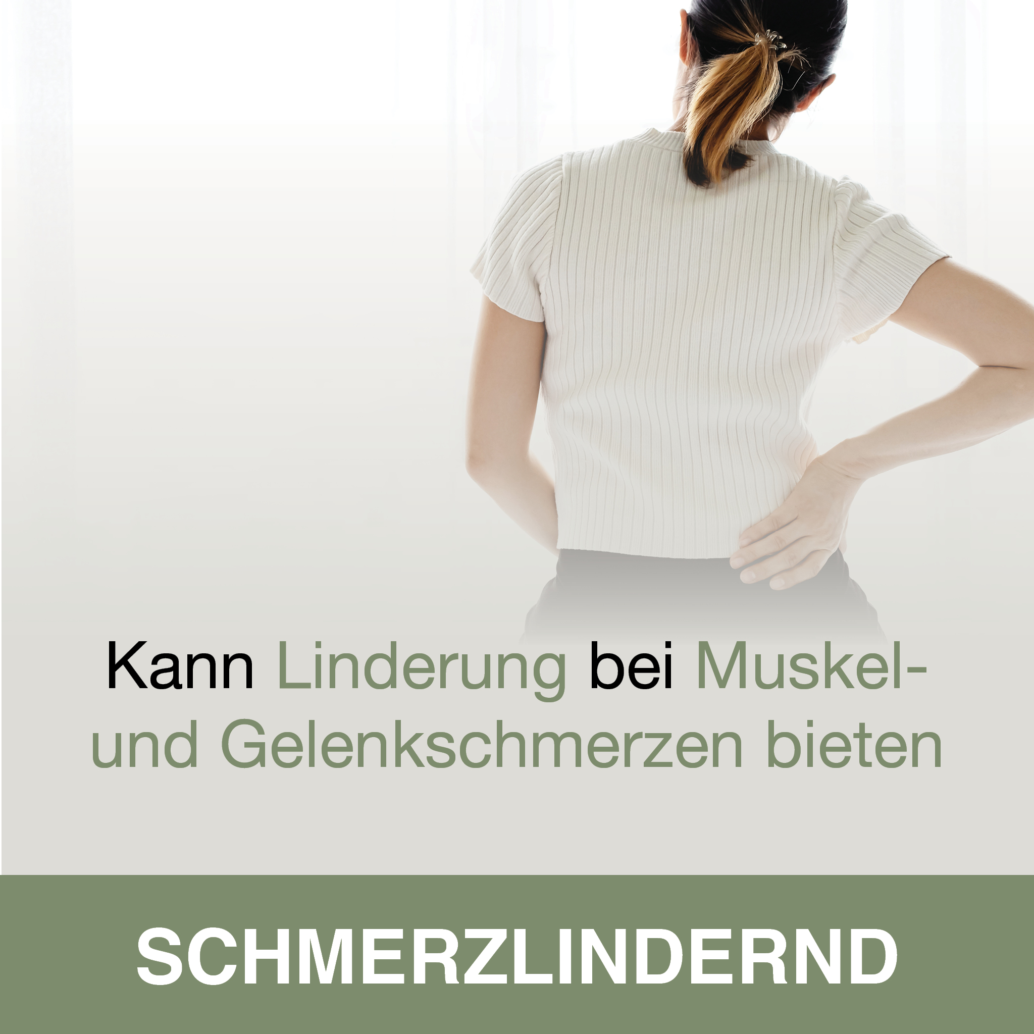 Eine Frau berührt ihren unteren Rücken, Text sagt, dass es Schmerzlinderung für Muskeln und Gelenke bieten kann.