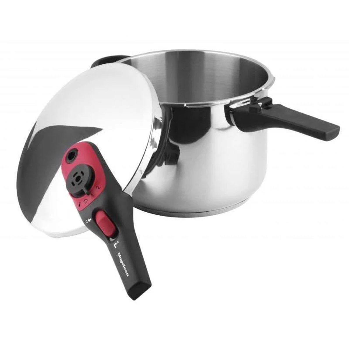 Una olla a presión de acero inoxidable con asa negra y regulador de presión rojo y negro.