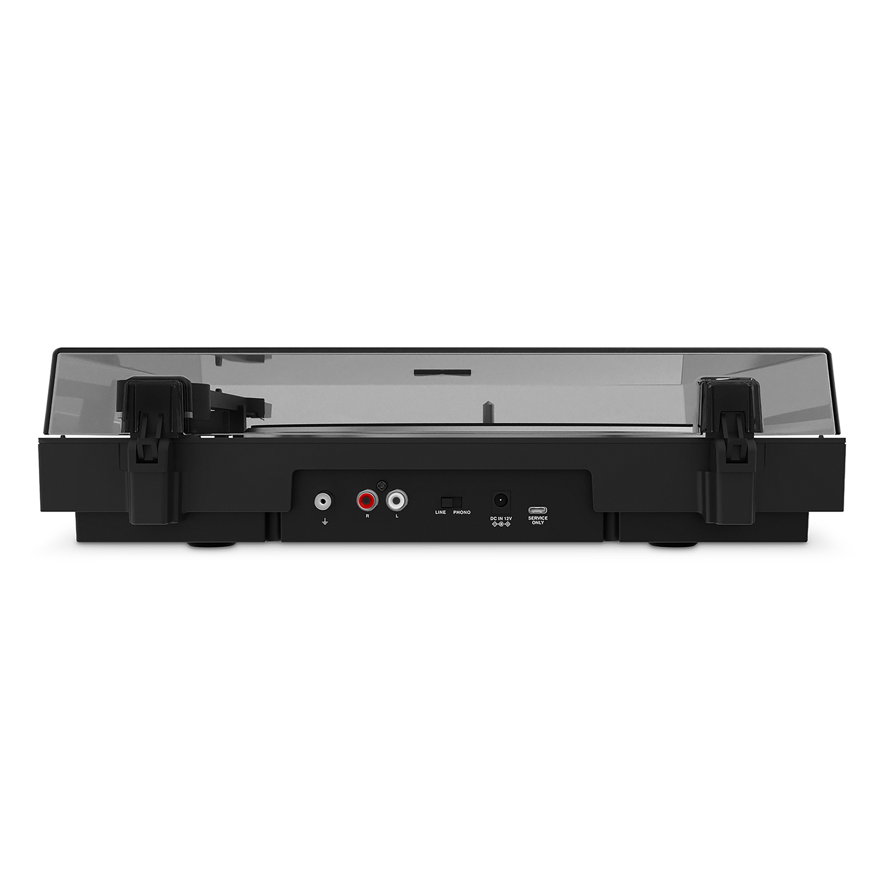 Vista posteriore di un giradischi nero. Con porte line, phono e USB. Coperchio trasparente sopra.