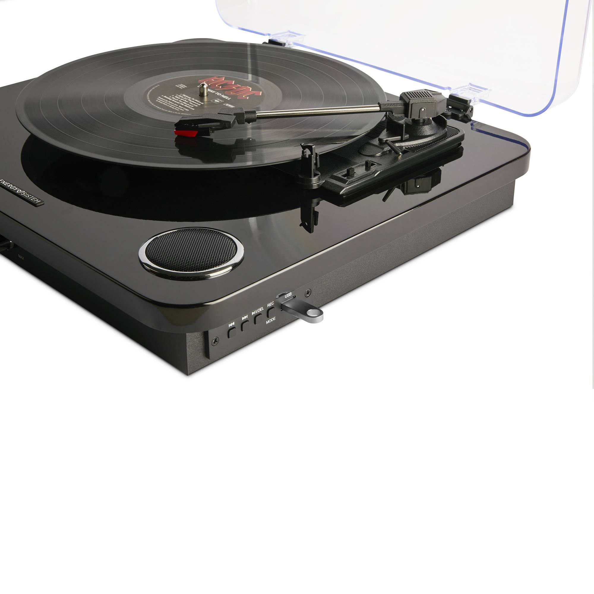 Tocadiscos negro. Disco de vinilo encima. Puerto USB y botones de control.