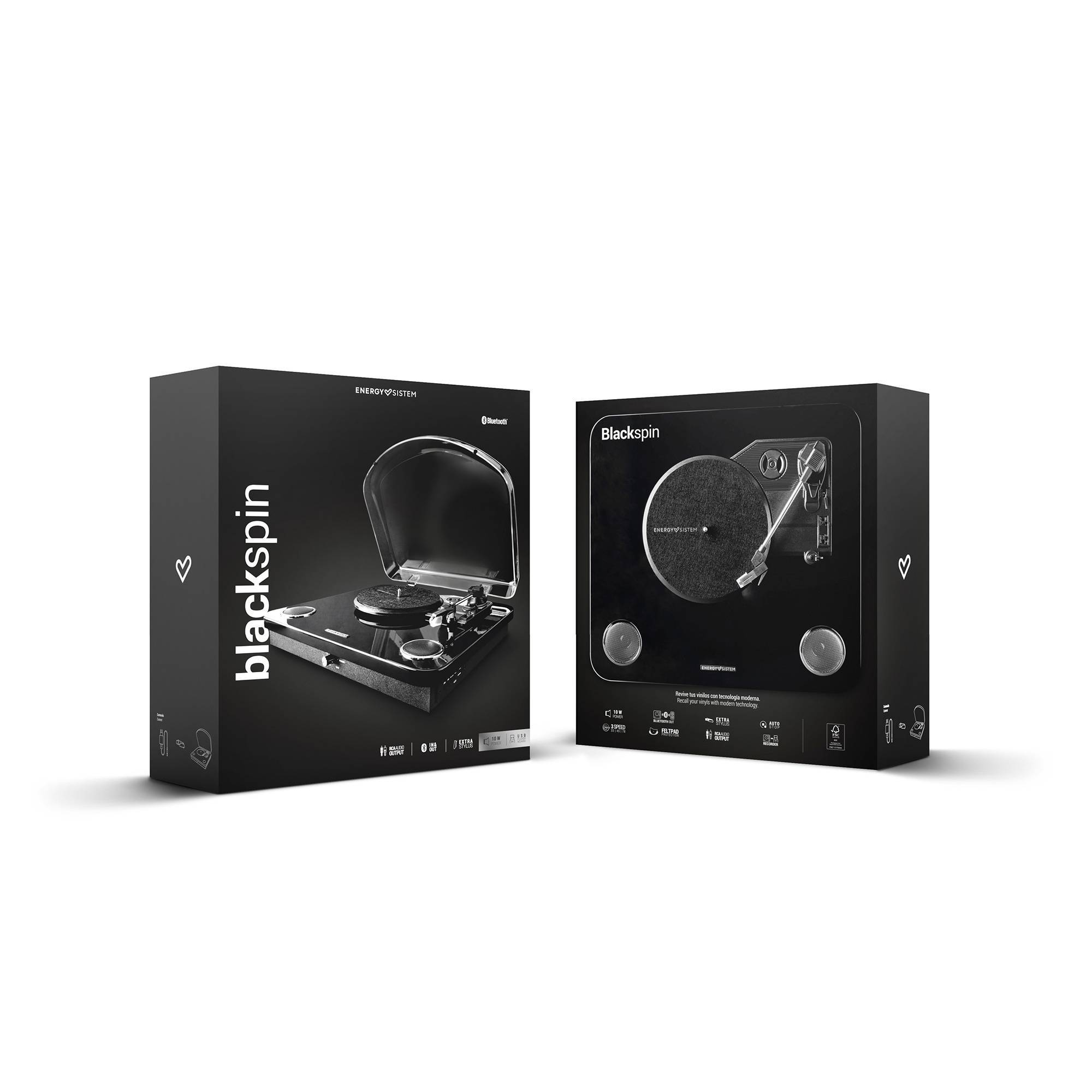 Dos cajas negras de un blackspin, una muestra el tocadiscos y la otra la caja.