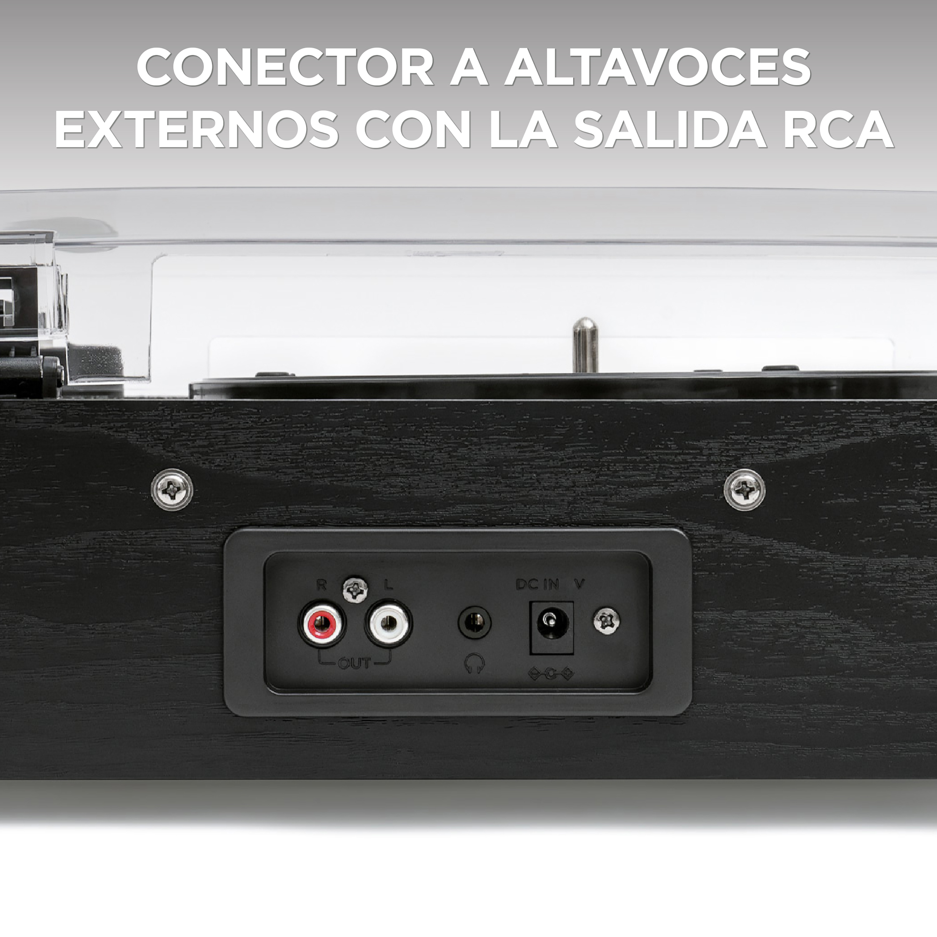 Primo piano di un giradischi nero con uscite audio e testo.