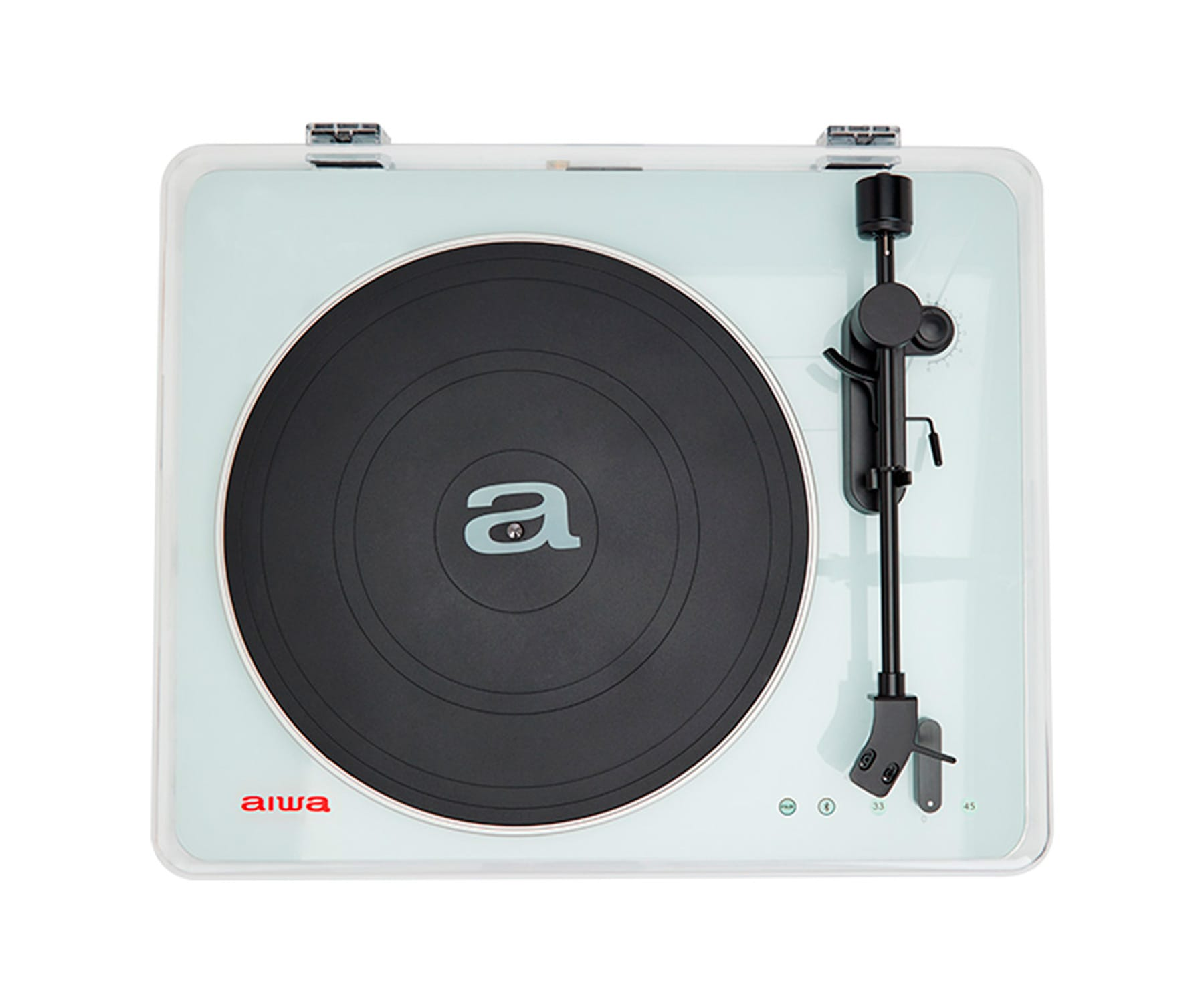 Tocadiscos sobre blanco con disco negro, brazo negro. Marca 'aiwa' visible.