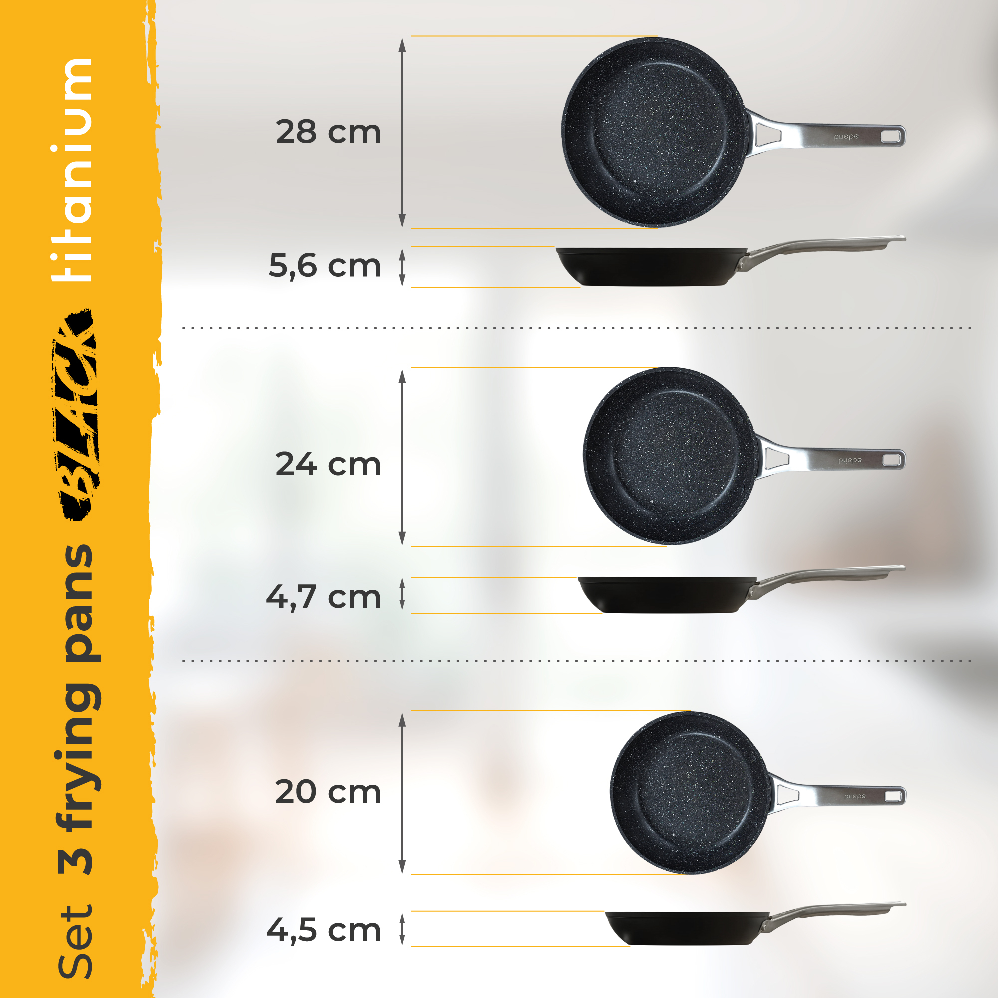Ein Set aus drei schwarzen Bratpfannen mit Maßangaben.