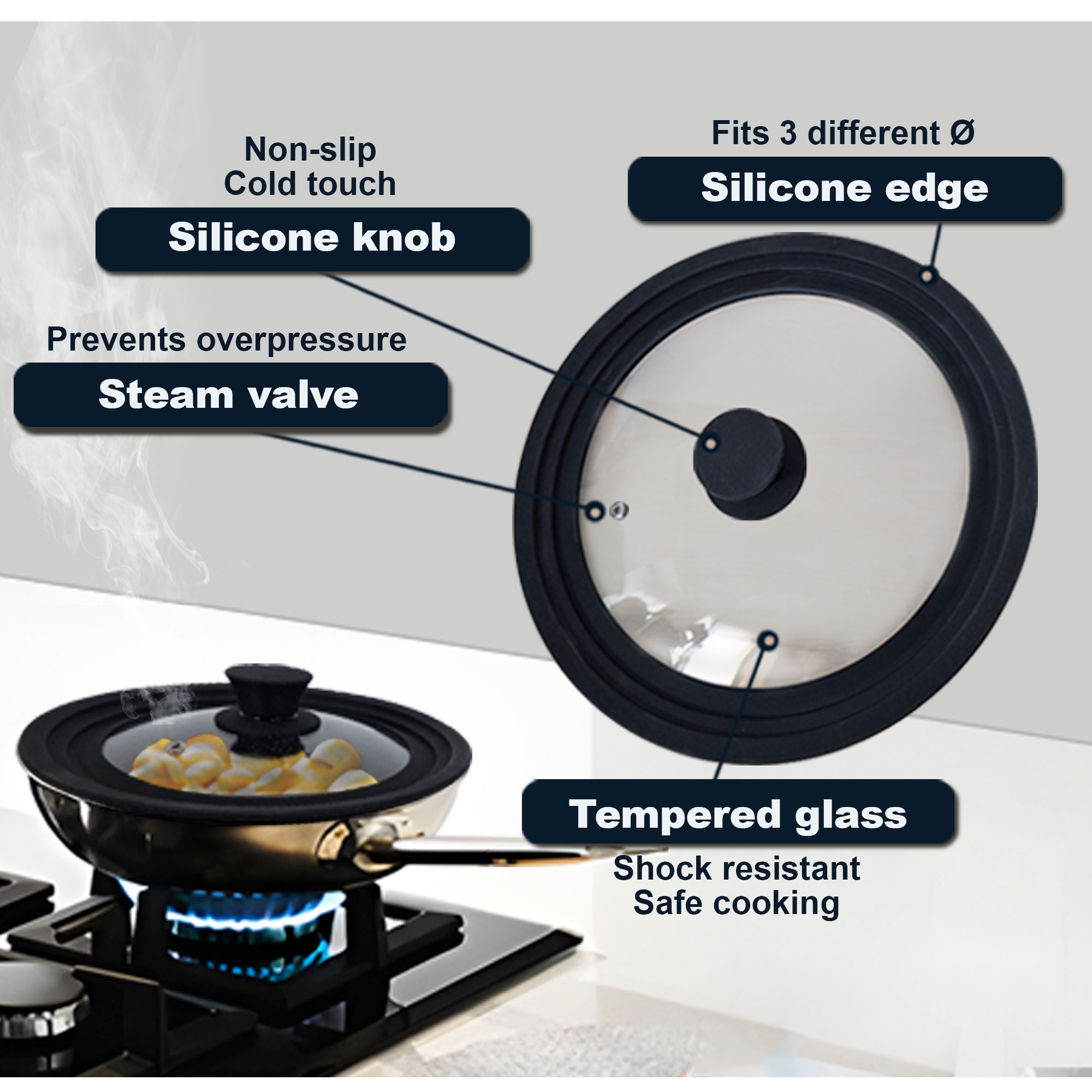 Una tapa en una sartén. Muestra la perilla y el borde de silicona, la válvula de vapor y el vidrio templado.