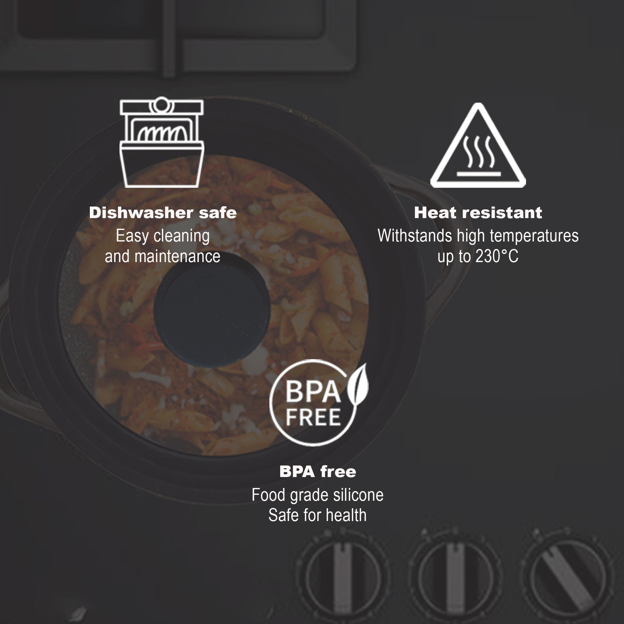 Una sartén con comida, vista superior, con texto sobre seguridad y características.