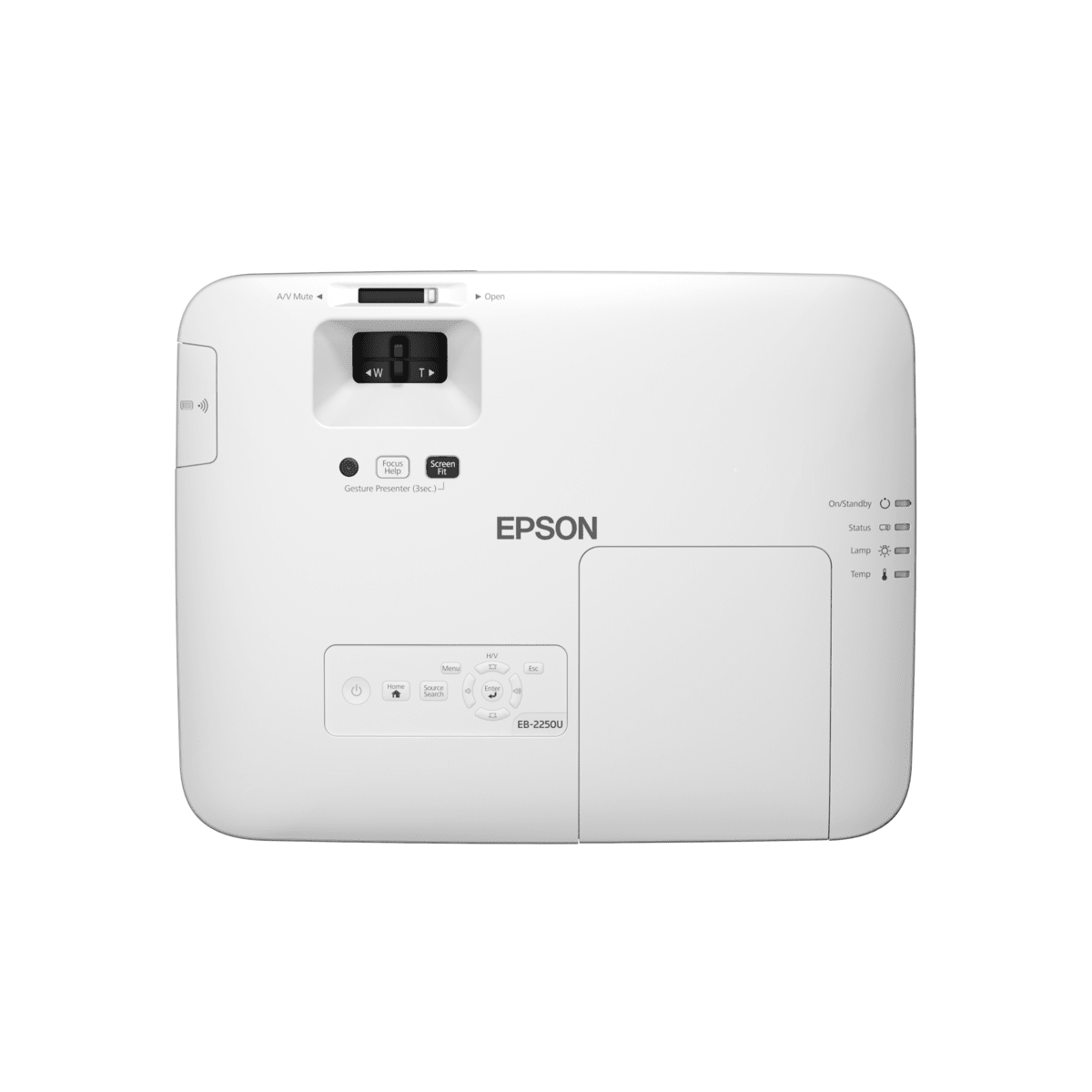 Biały projektor Epson z przyciskami i portami, widoczne logo Epson.