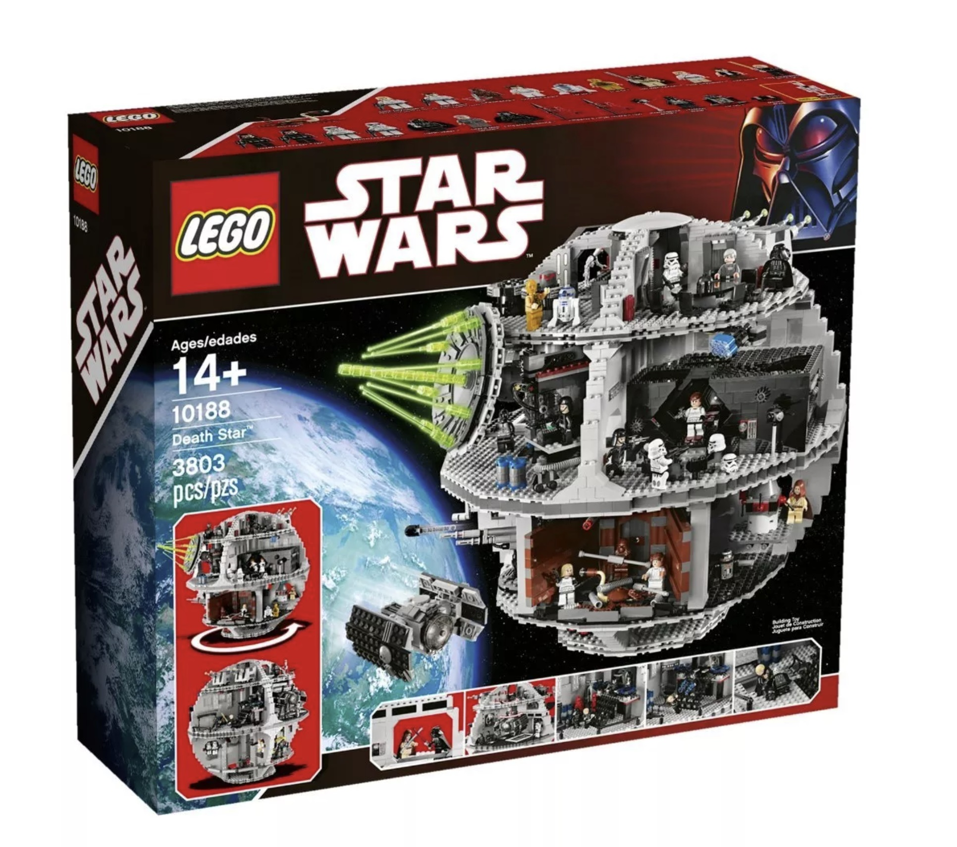 Lego Star Wars Death Star doos. Toont een Lego model van de Death Star en het Star Wars logo.